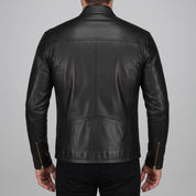 Men's Black Leather Biker Jacket — Clayfield