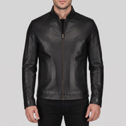 Men's Black Leather Biker Jacket — Clayfield