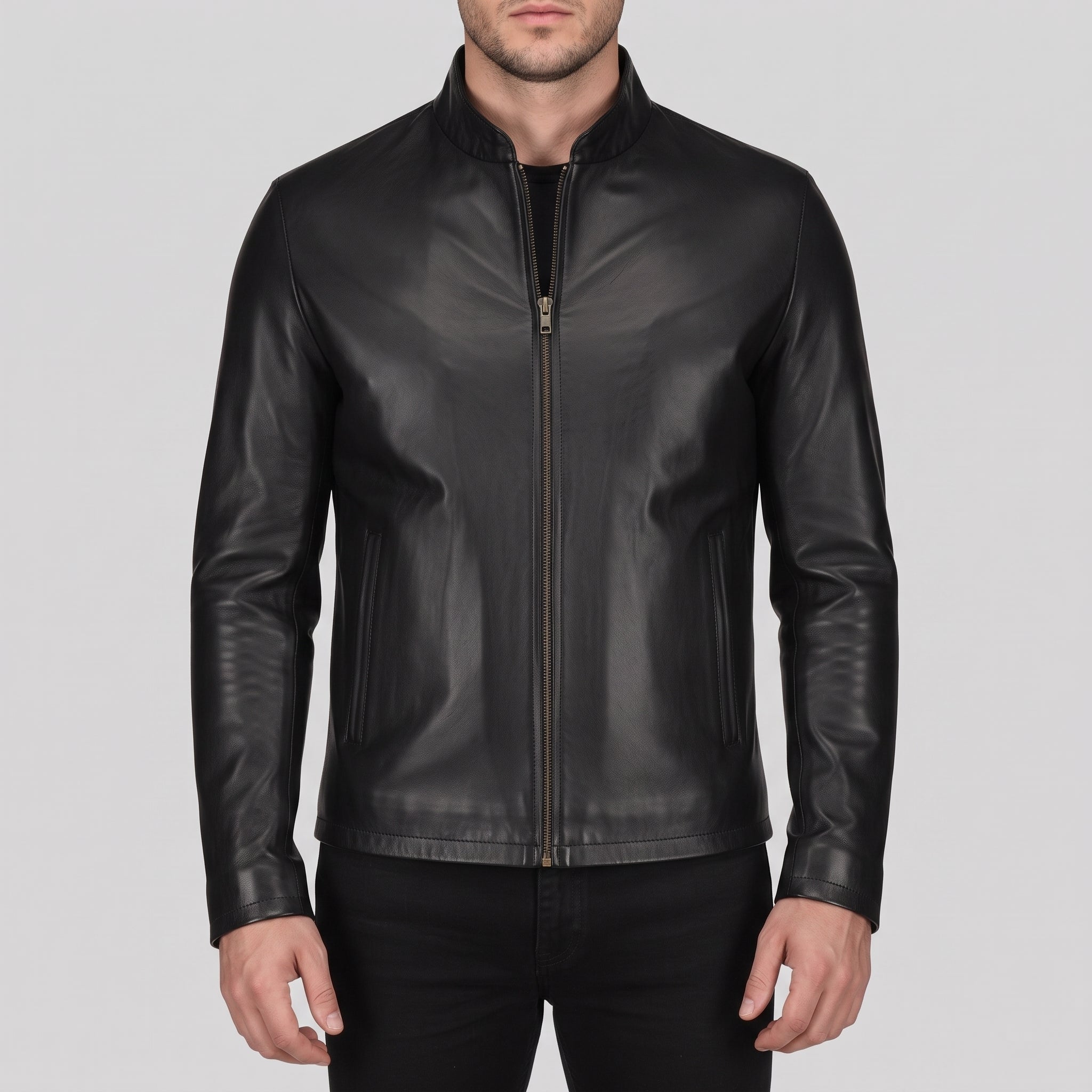 Men's Black Leather Biker Jacket — Clayfield