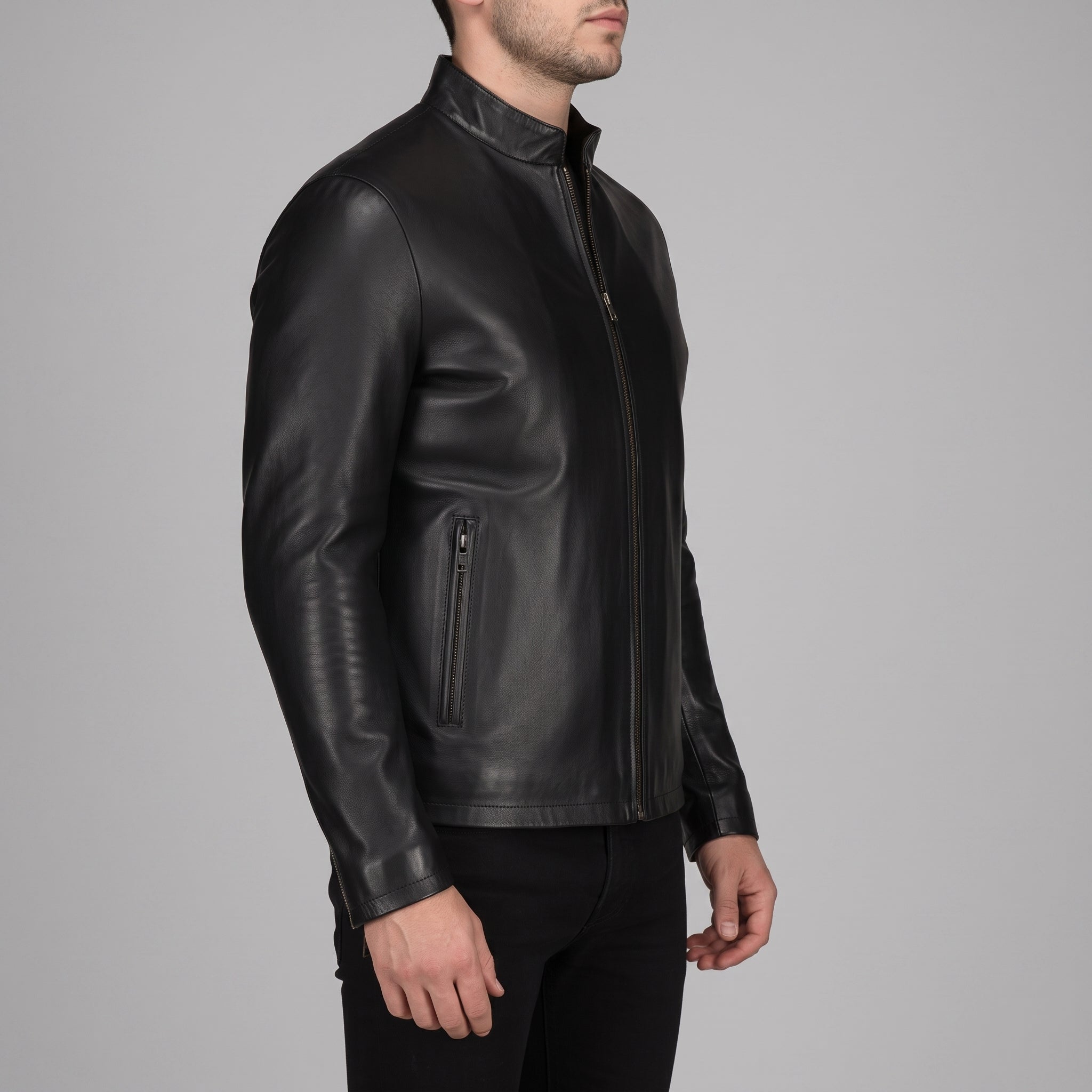 Men's Black Leather Biker Jacket — Clayfield