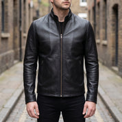 Men's Black Leather Biker Jacket — Clayfield