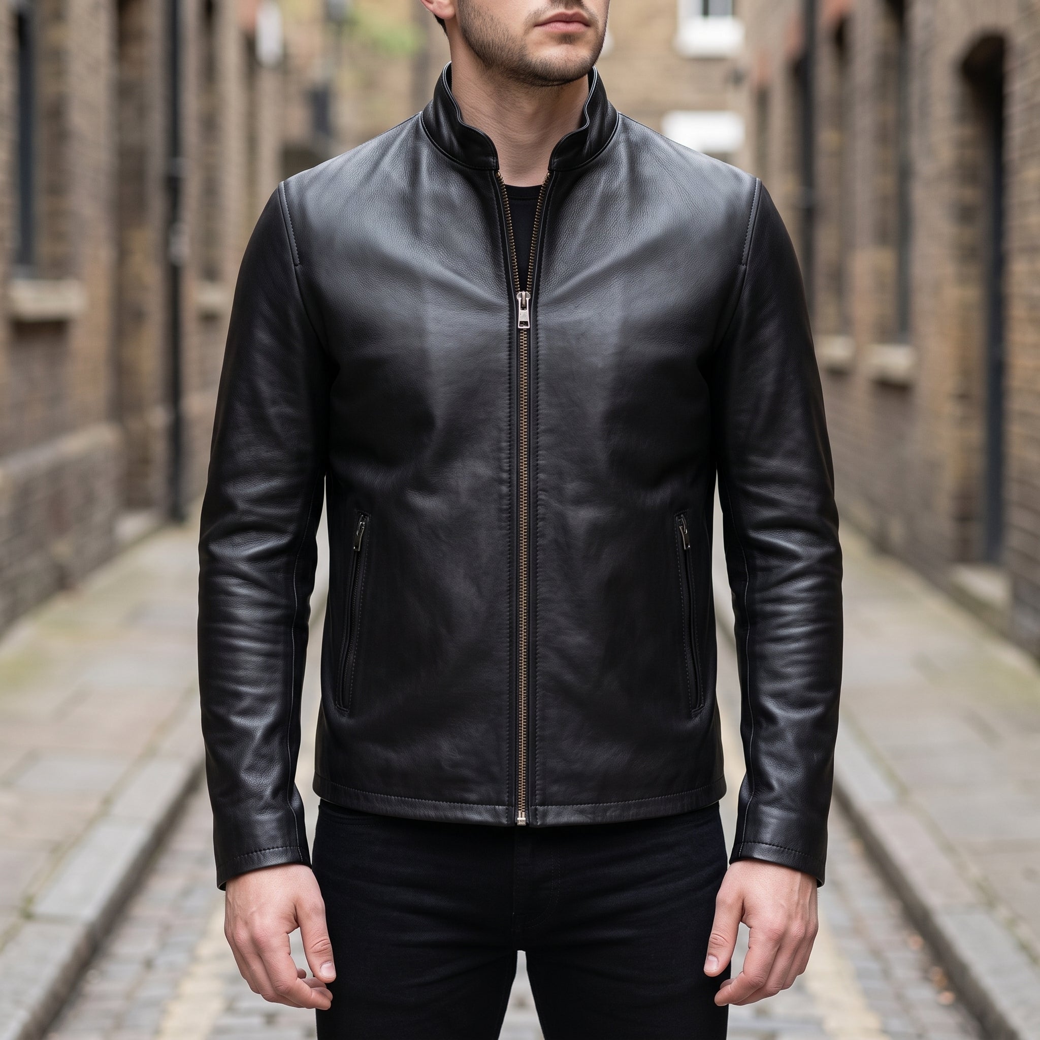 Men's Black Leather Biker Jacket — Clayfield