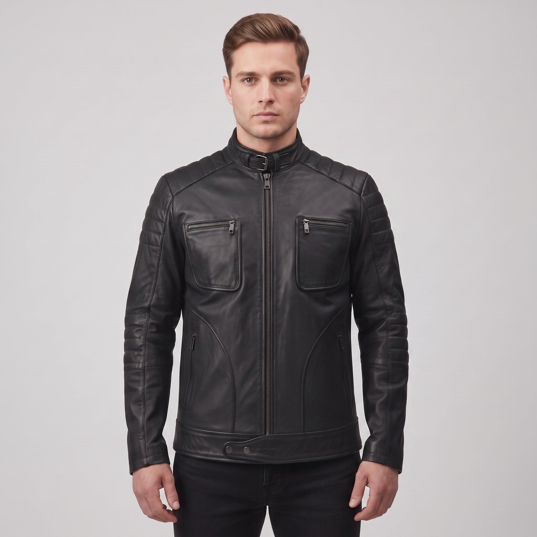 Men's Black Leather Biker Jacket — Collis