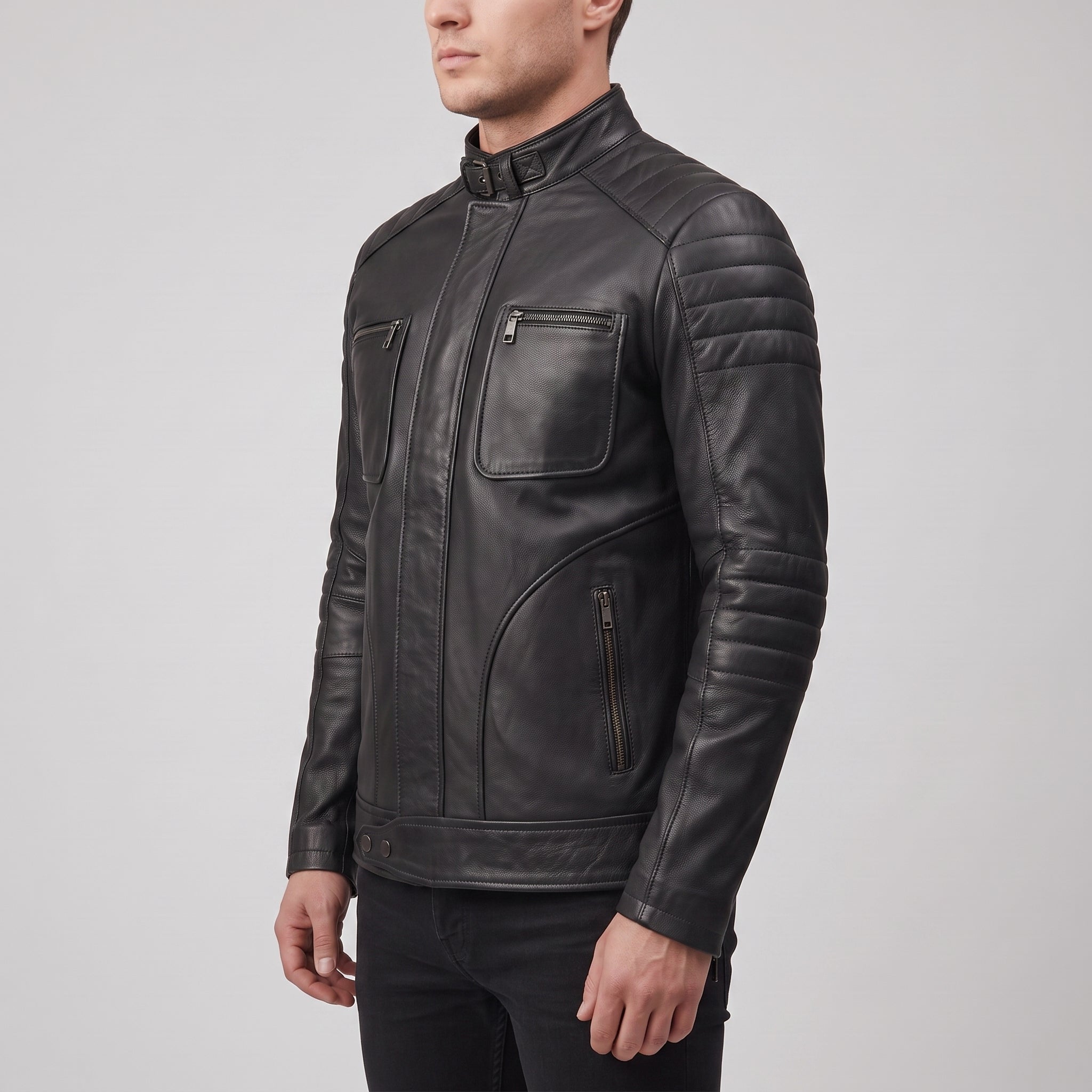 Men's Black Leather Biker Jacket — Collis