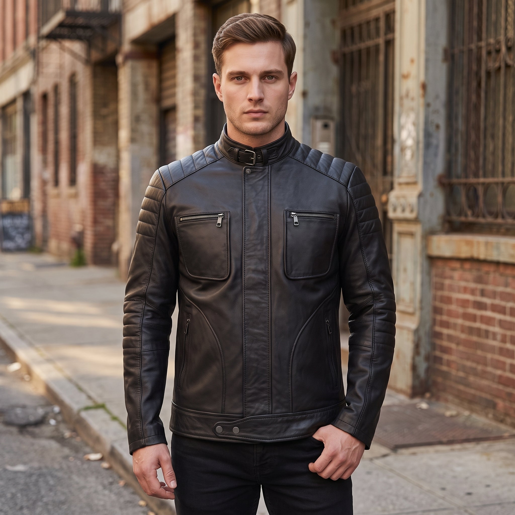 Men's Black Leather Biker Jacket — Collis