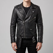 Men's Black Leather Biker Jacket — Deaville