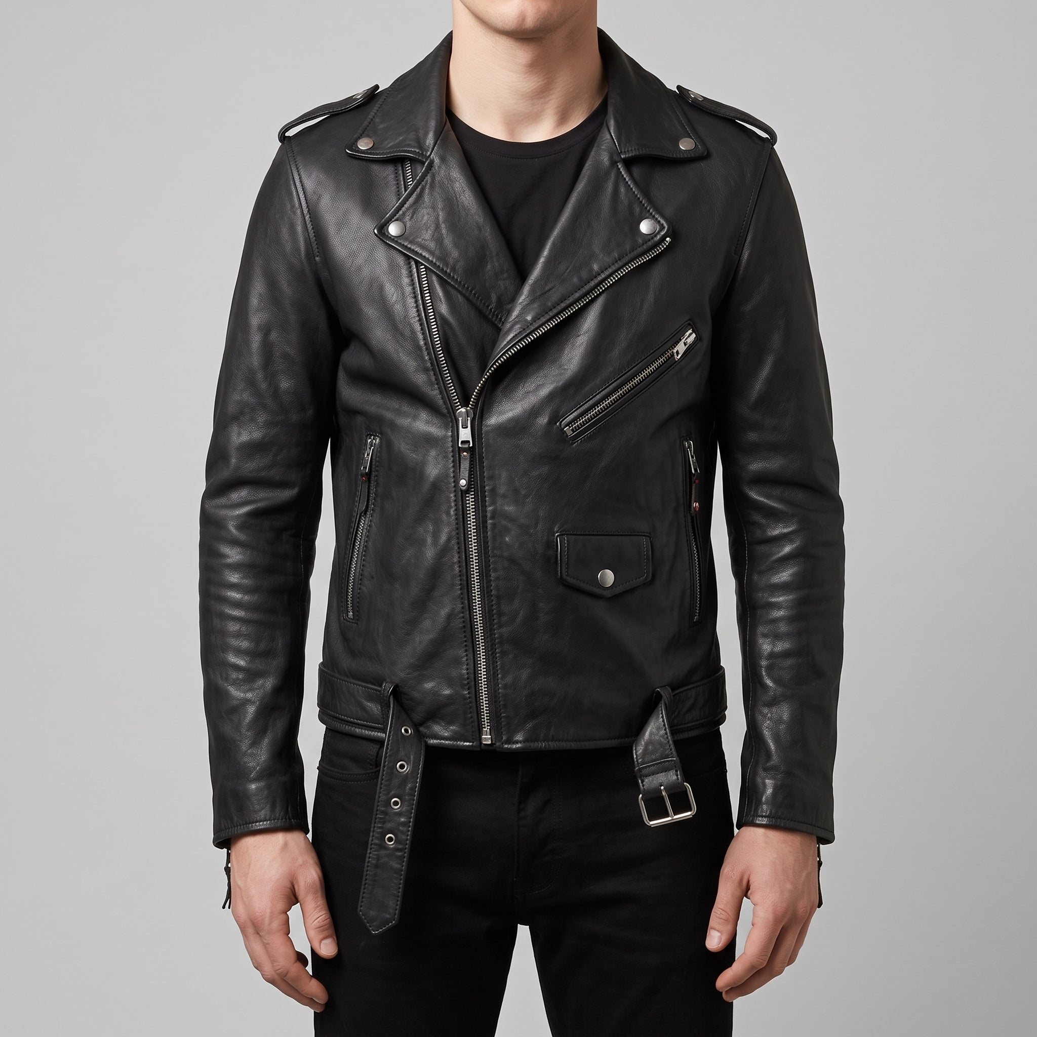 Men's Black Leather Biker Jacket — Deaville