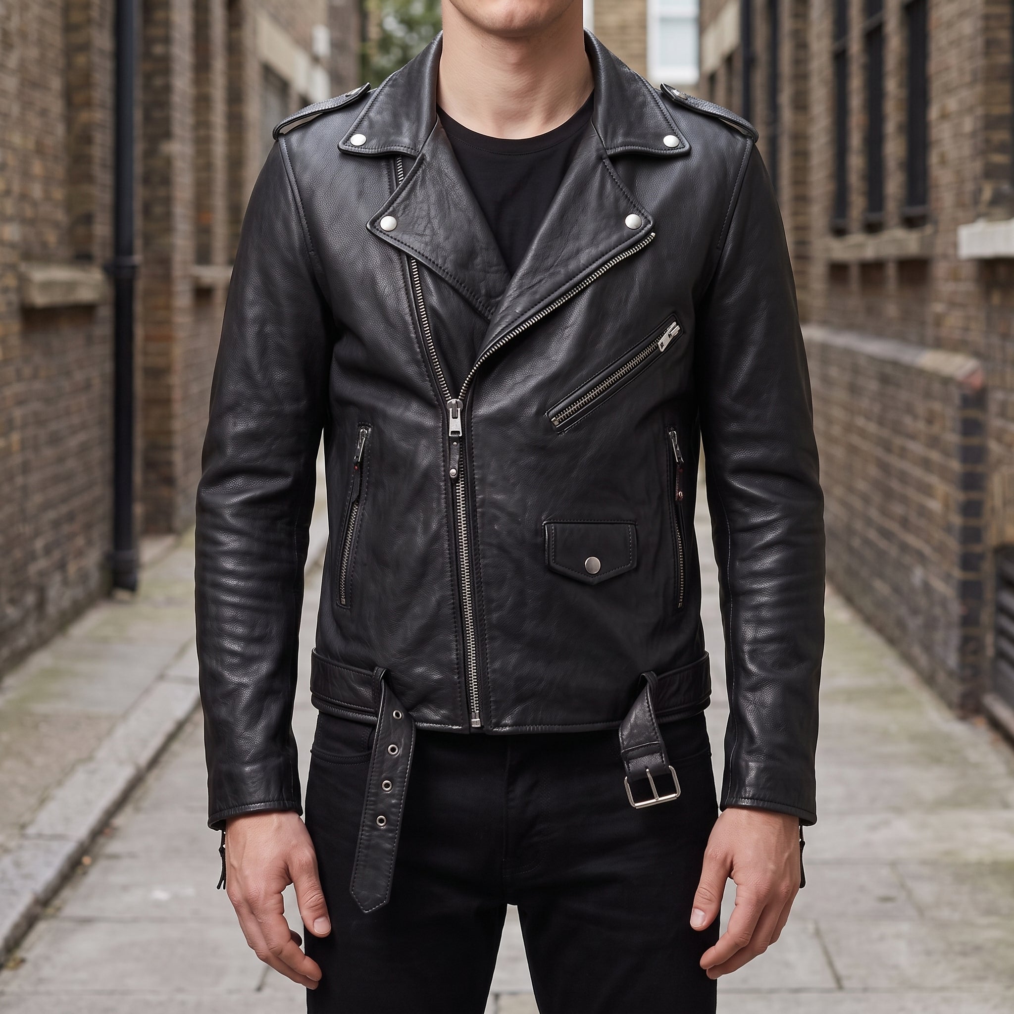 Men's Black Leather Biker Jacket — Deaville