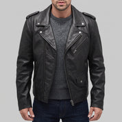 Men's Black Asymmetric Zip Leather Perfecto Biker Jacket — Embley
