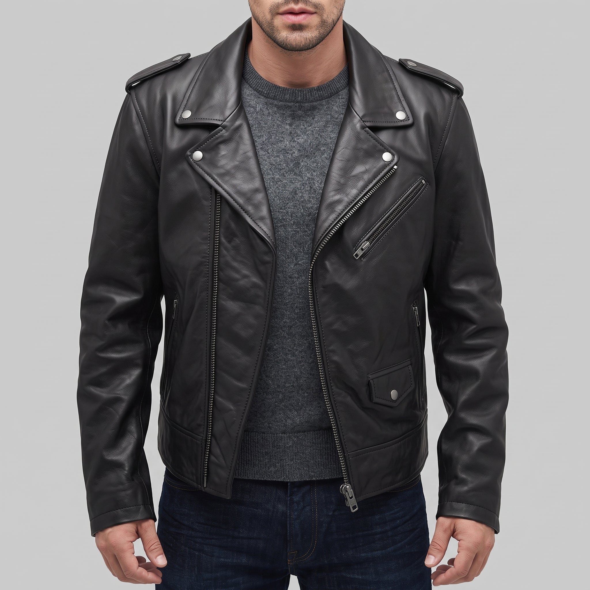 Men's Black Asymmetric Zip Leather Perfecto Biker Jacket — Embley