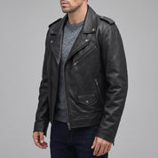 Men's Black Asymmetric Zip Leather Perfecto Biker Jacket — Embley