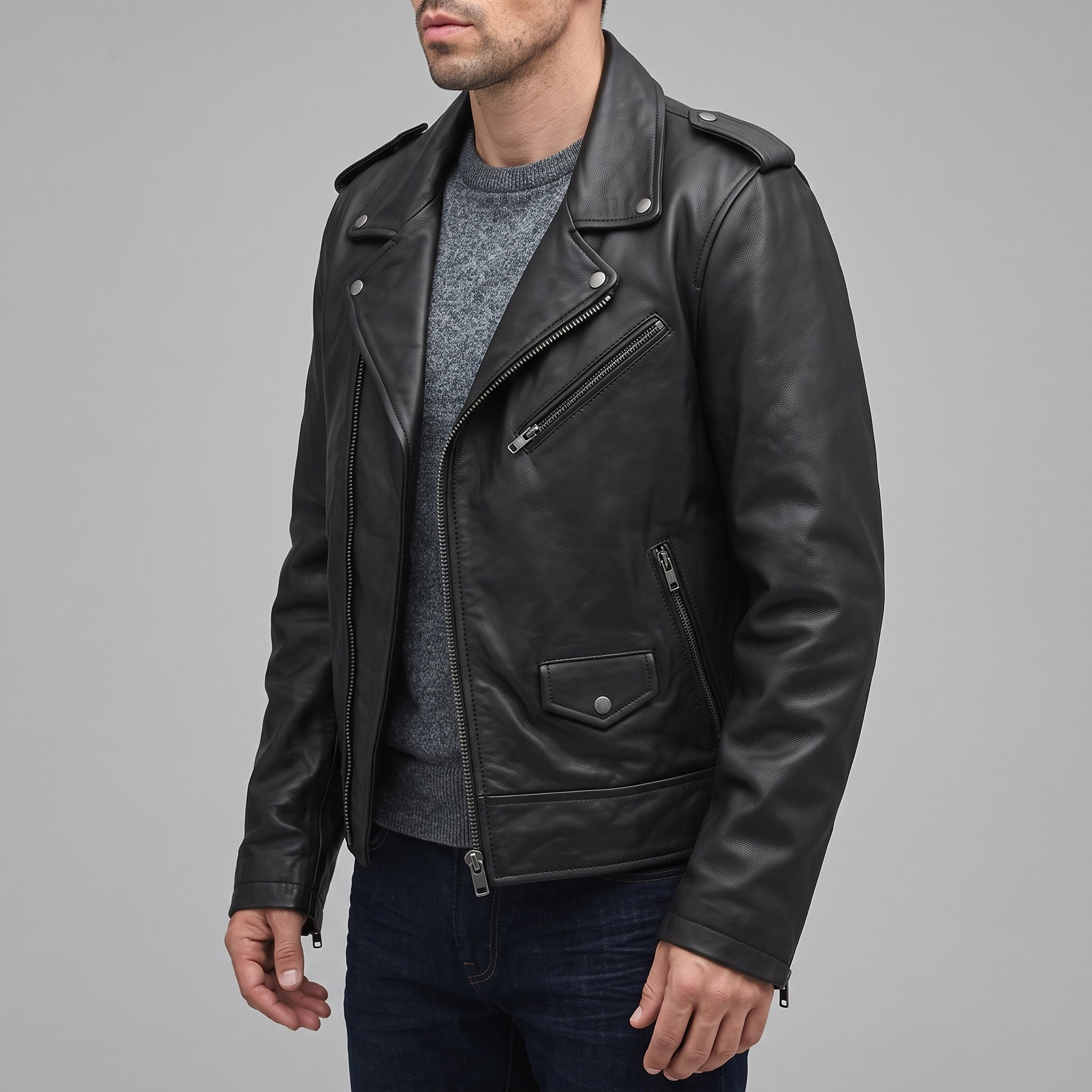 Men's Black Asymmetric Zip Leather Perfecto Biker Jacket — Embley