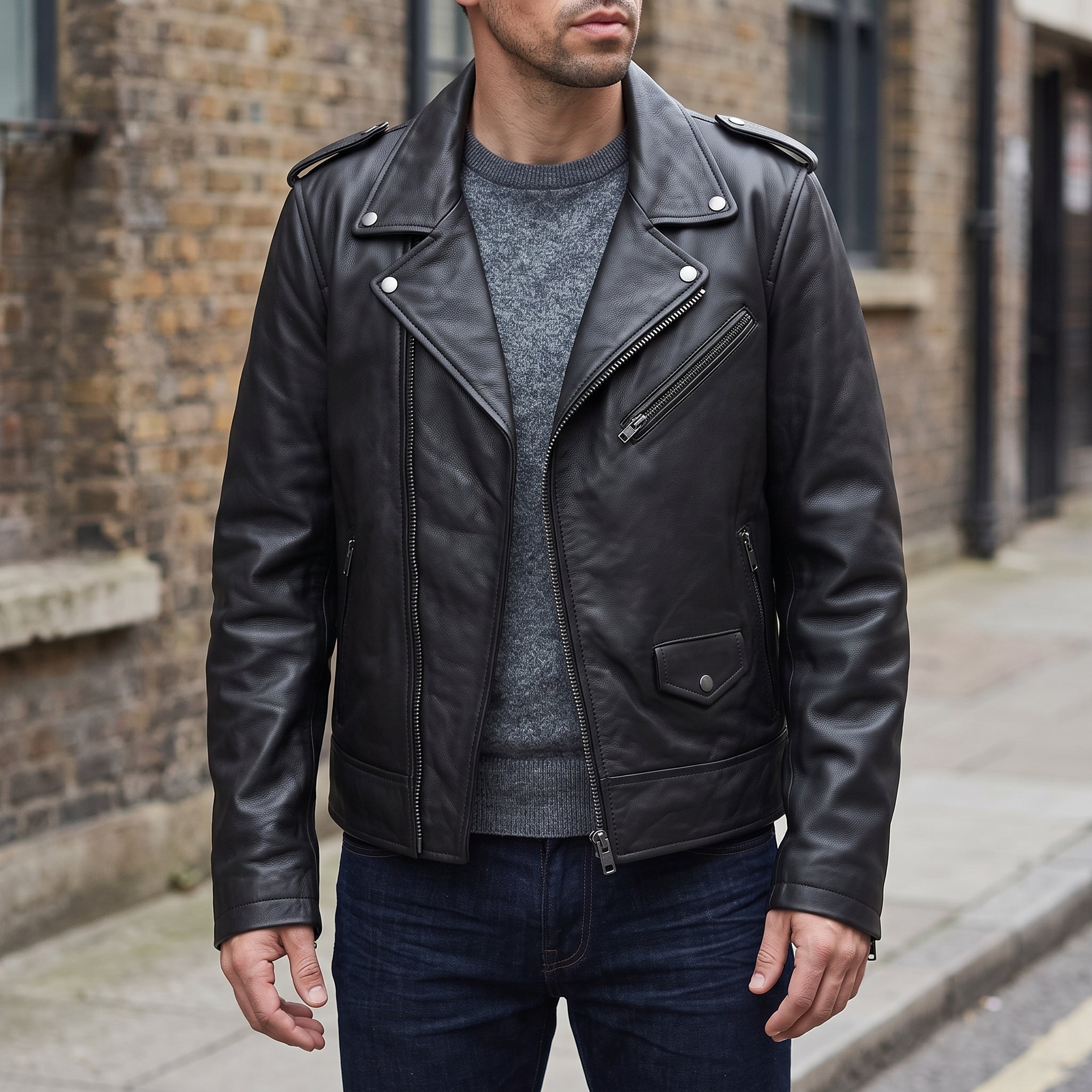 Men's Black Asymmetric Zip Leather Perfecto Biker Jacket — Embley