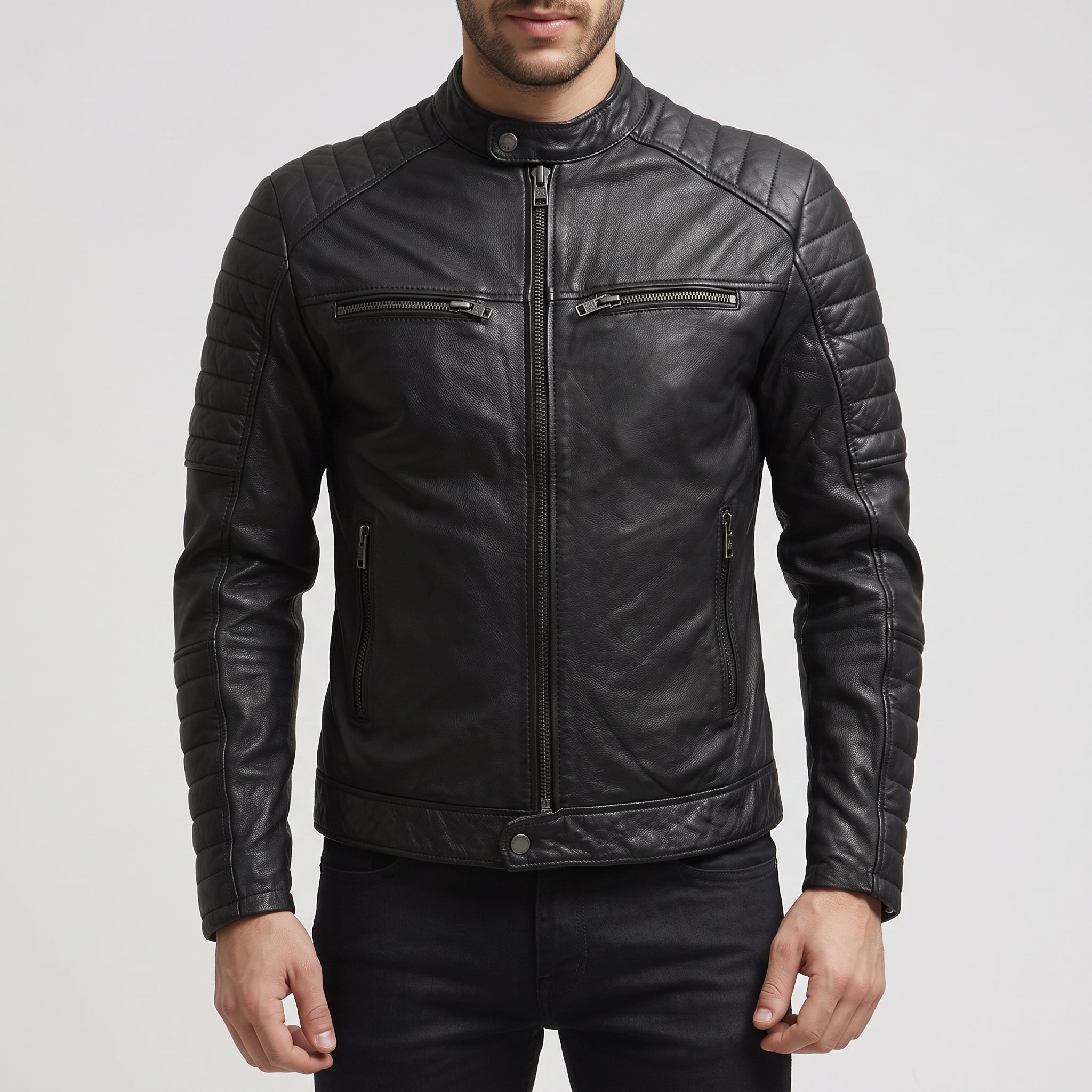 Men's Black Leather Biker Jacket — Fortescue