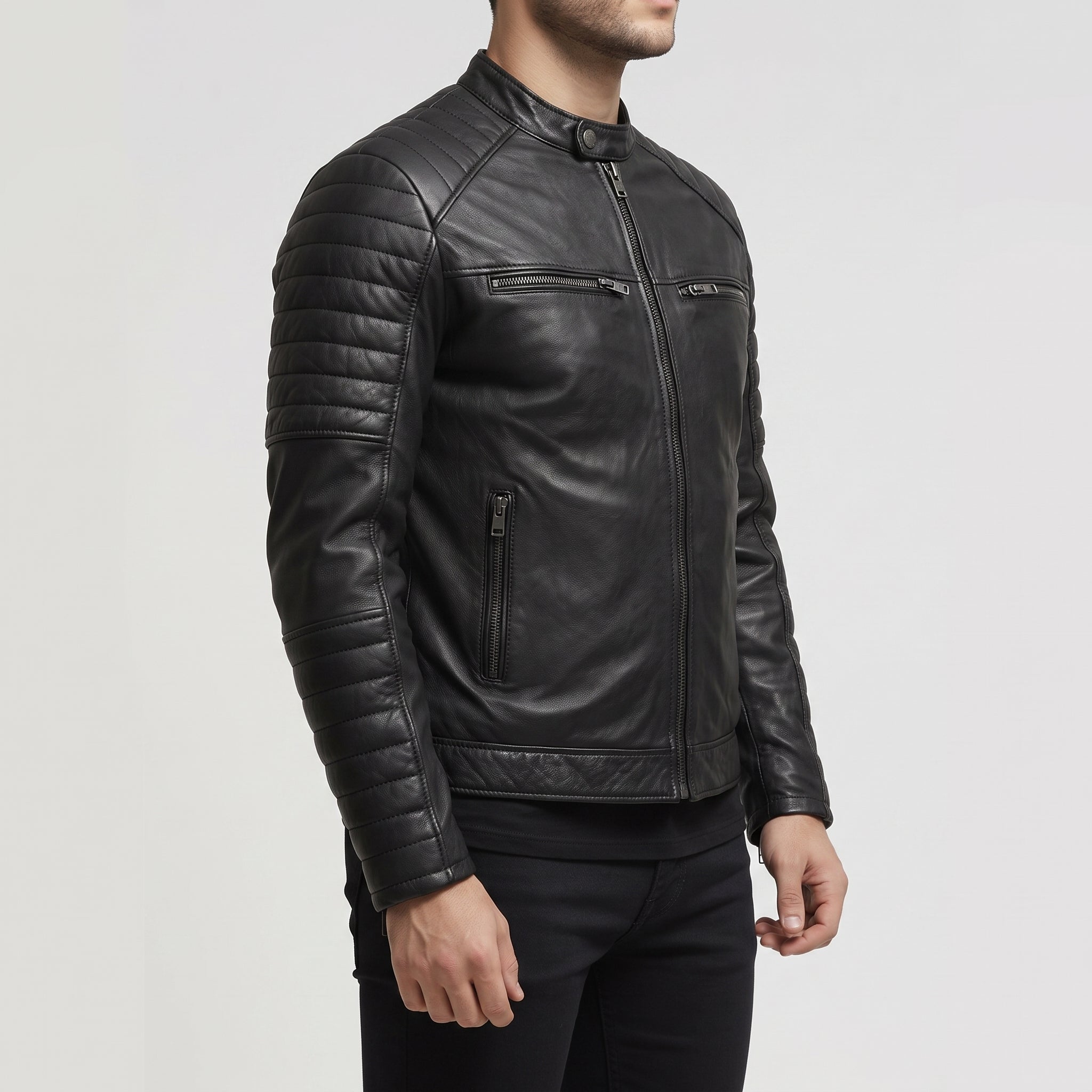 Men's Black Leather Biker Jacket — Fortescue