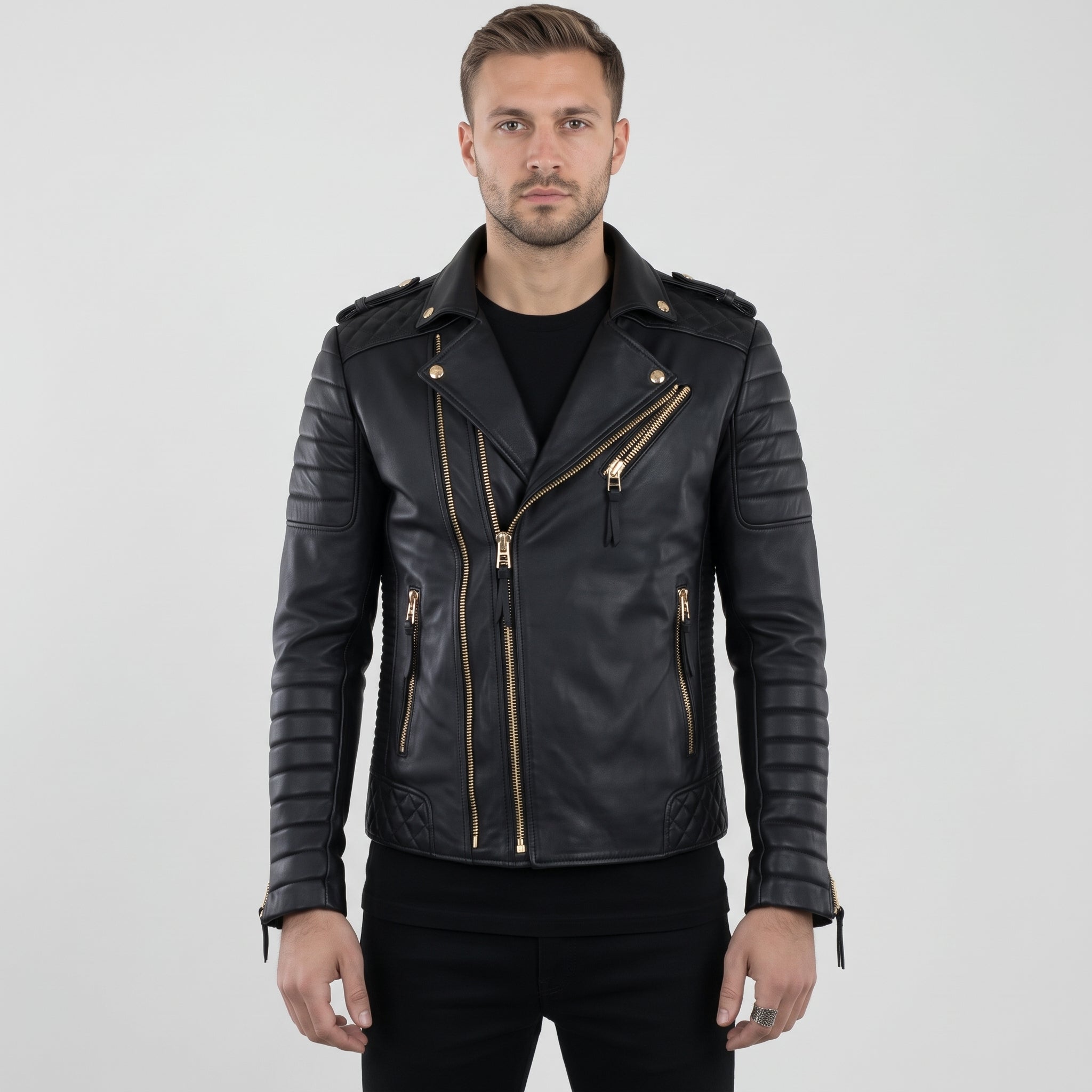Men's Black Leather Biker Jacket — Gascoigne