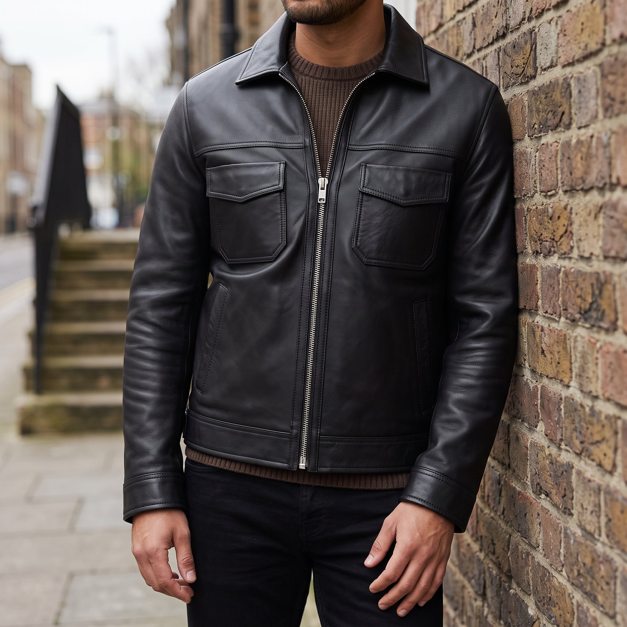 Men's Black Leather Trucker Jacket — Heatherton
