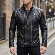 Men's Black Leather Biker Jacket — Hempstead
