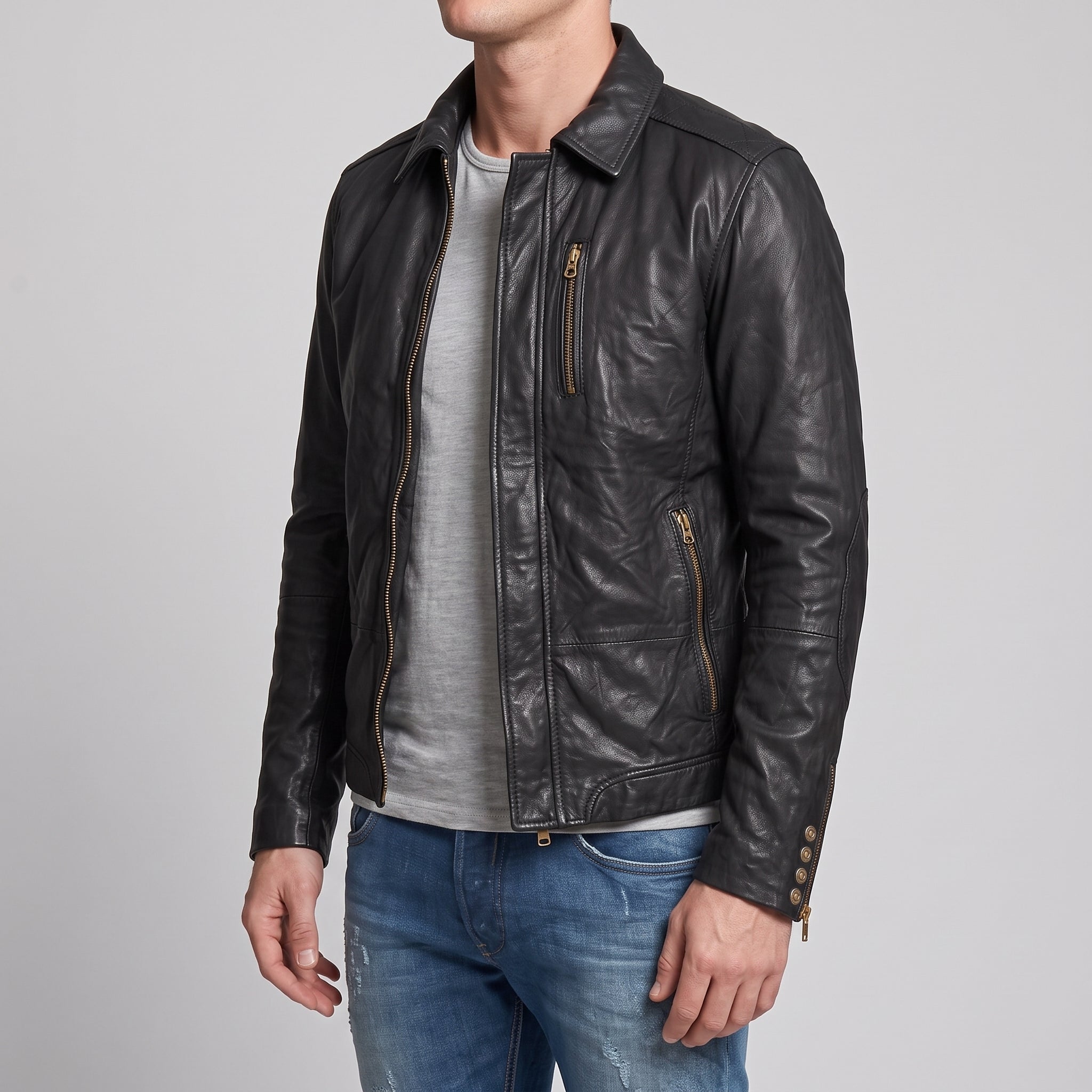 Men's Black Leather Biker Jacket — Hooper