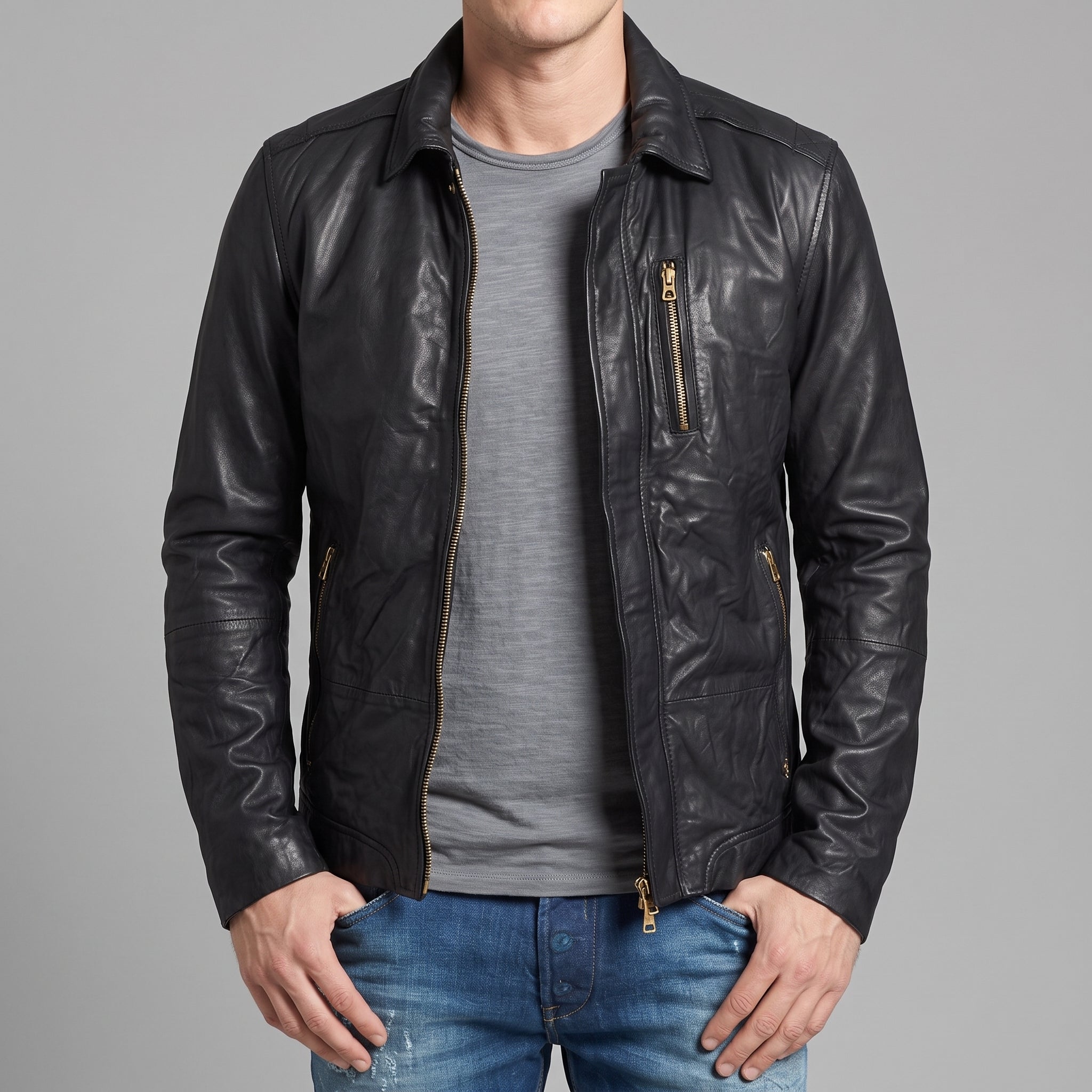 Men's Black Leather Biker Jacket — Hooper