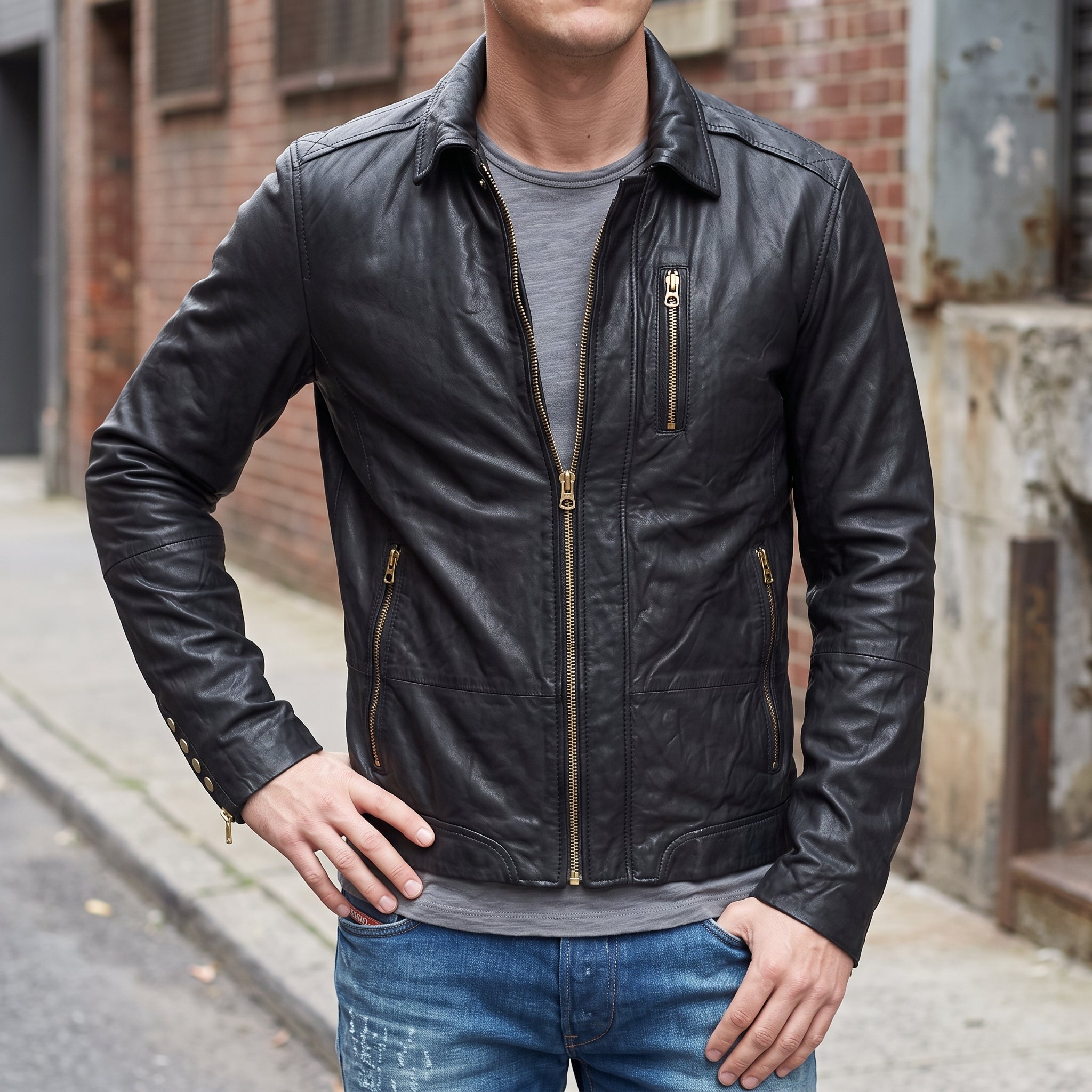 Men's Black Leather Biker Jacket — Hooper
