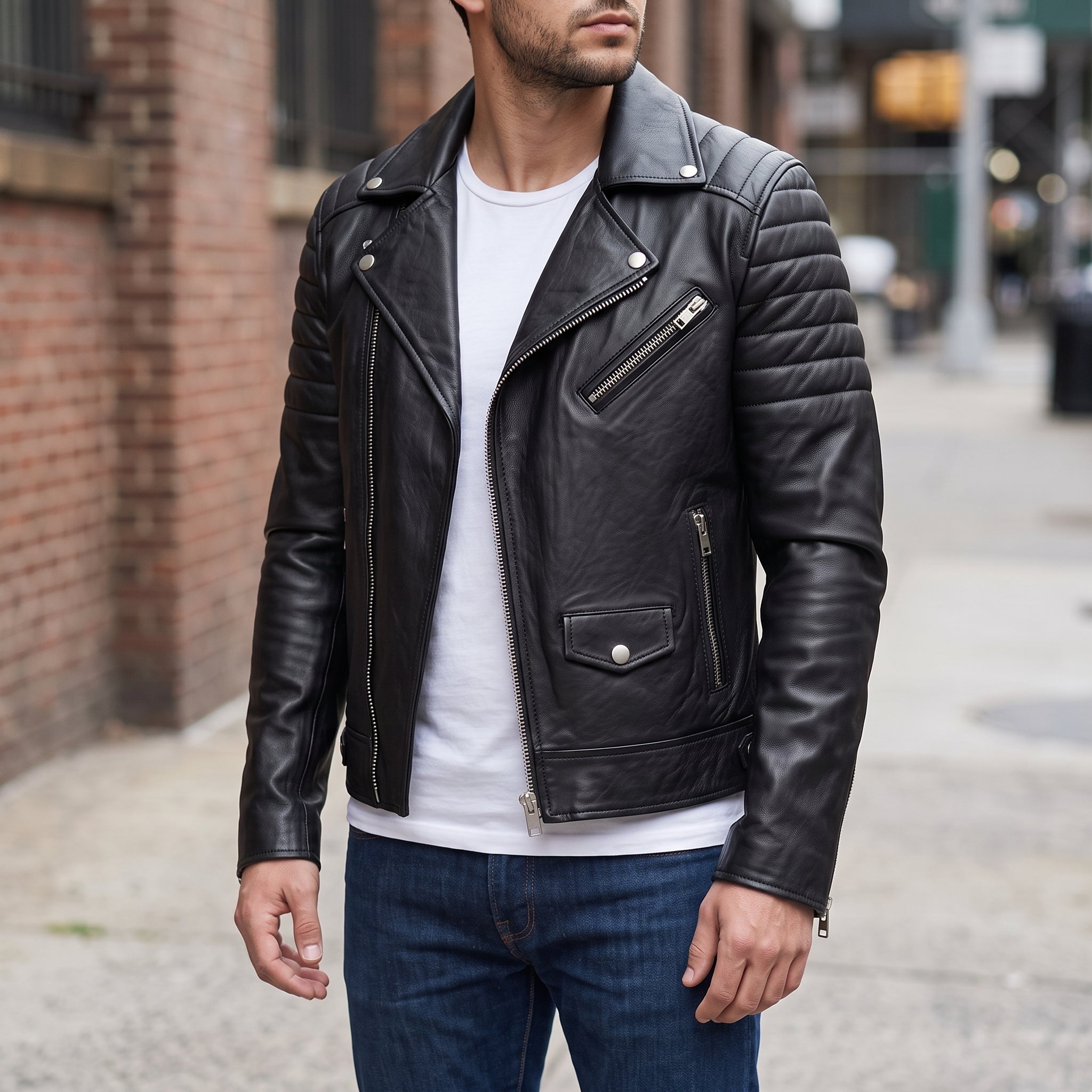 Men's Black Leather Biker Jacket — Hunter