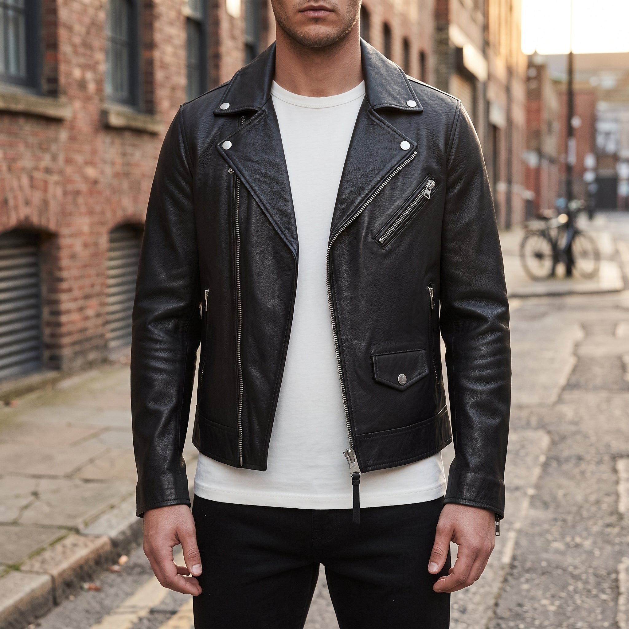 Men's Black Leather Biker Jacket — Padmore