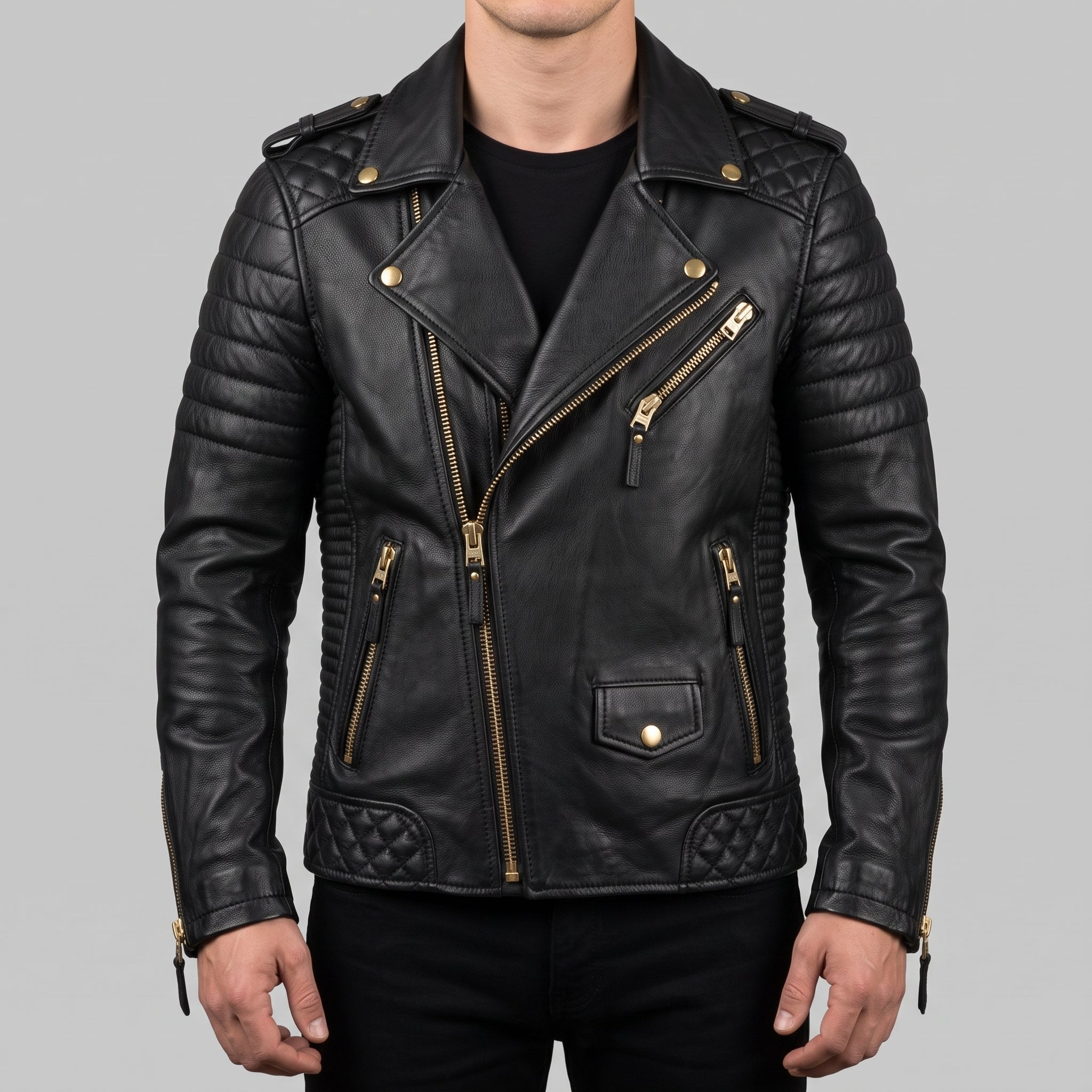 Men's Black Quilted Leather Biker Jacket — Turberville