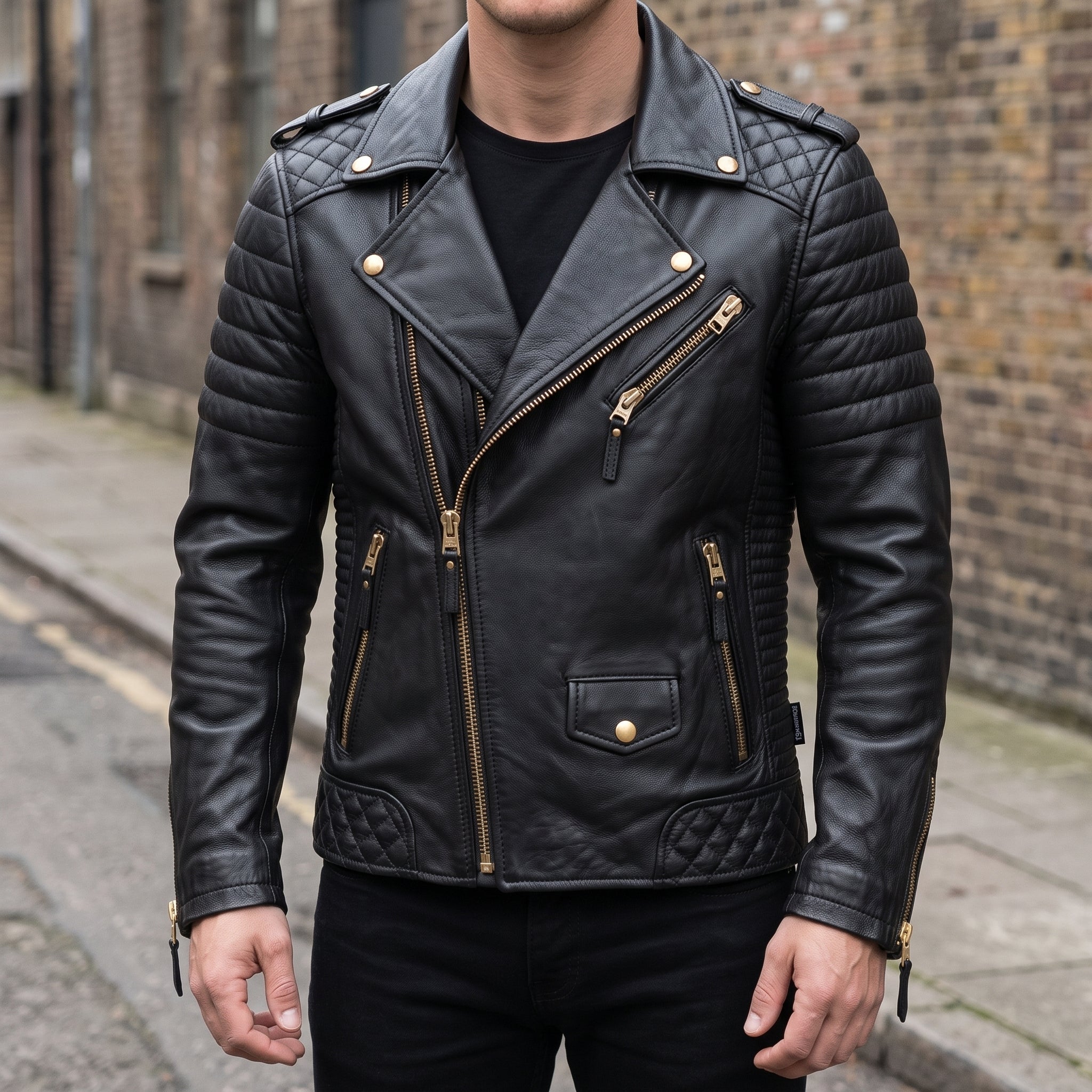Men's Black Quilted Leather Biker Jacket — Turberville