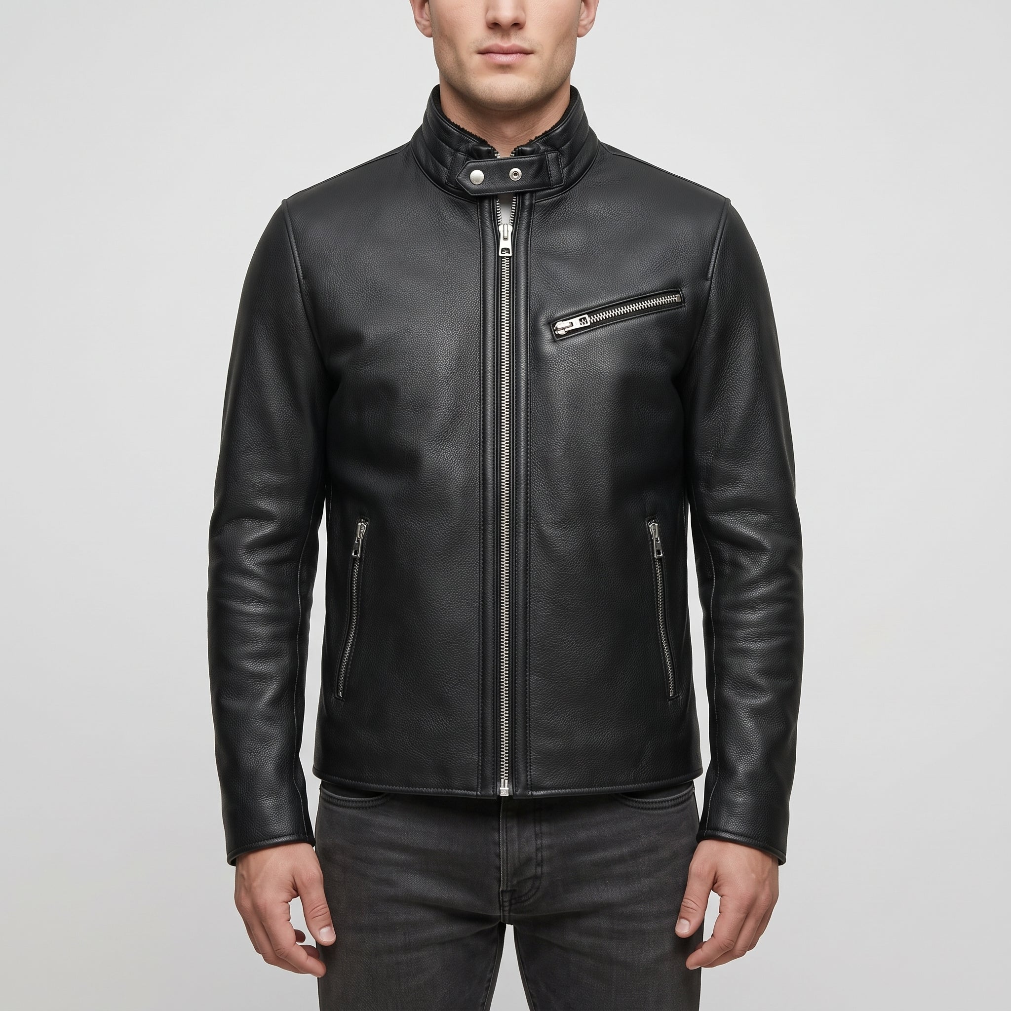Men's Black Leather Biker Jacket — Uckfield
