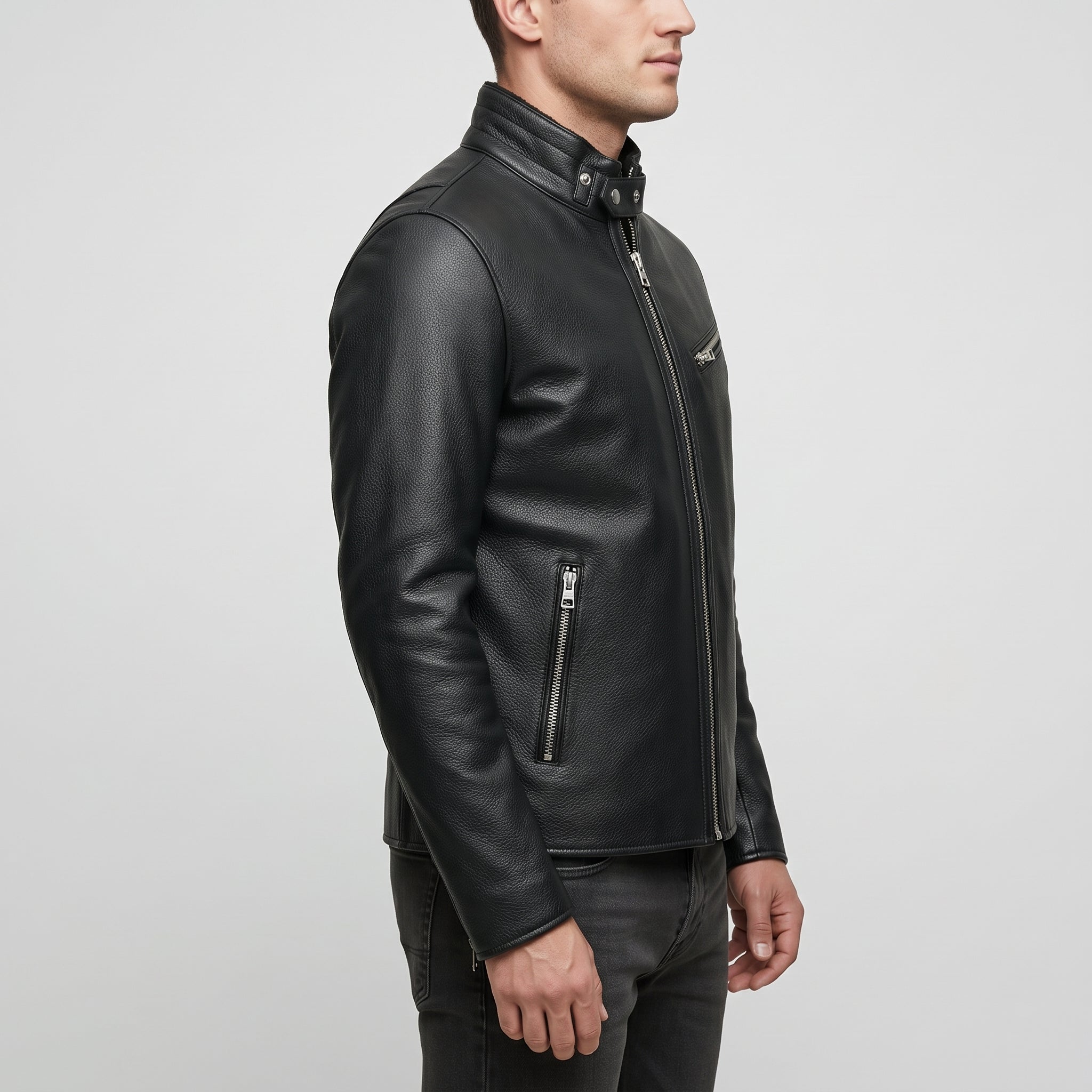 Men's Black Leather Biker Jacket — Uckfield