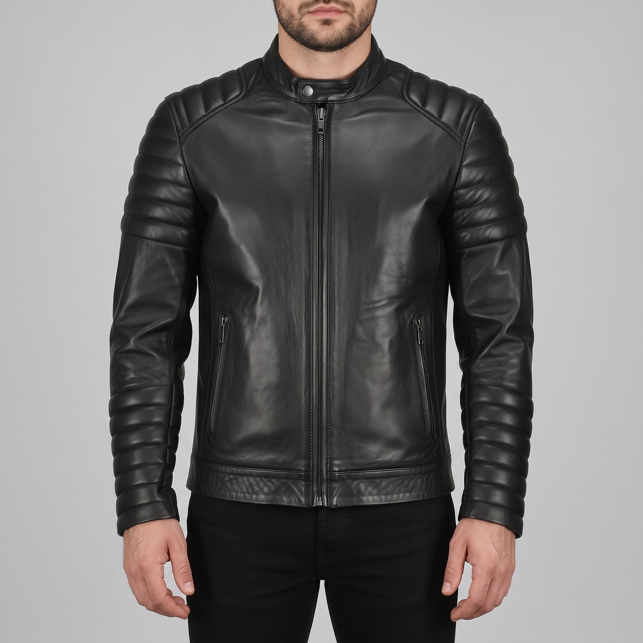 Men's Black Leather Cafe Racer Jacket — Warfield