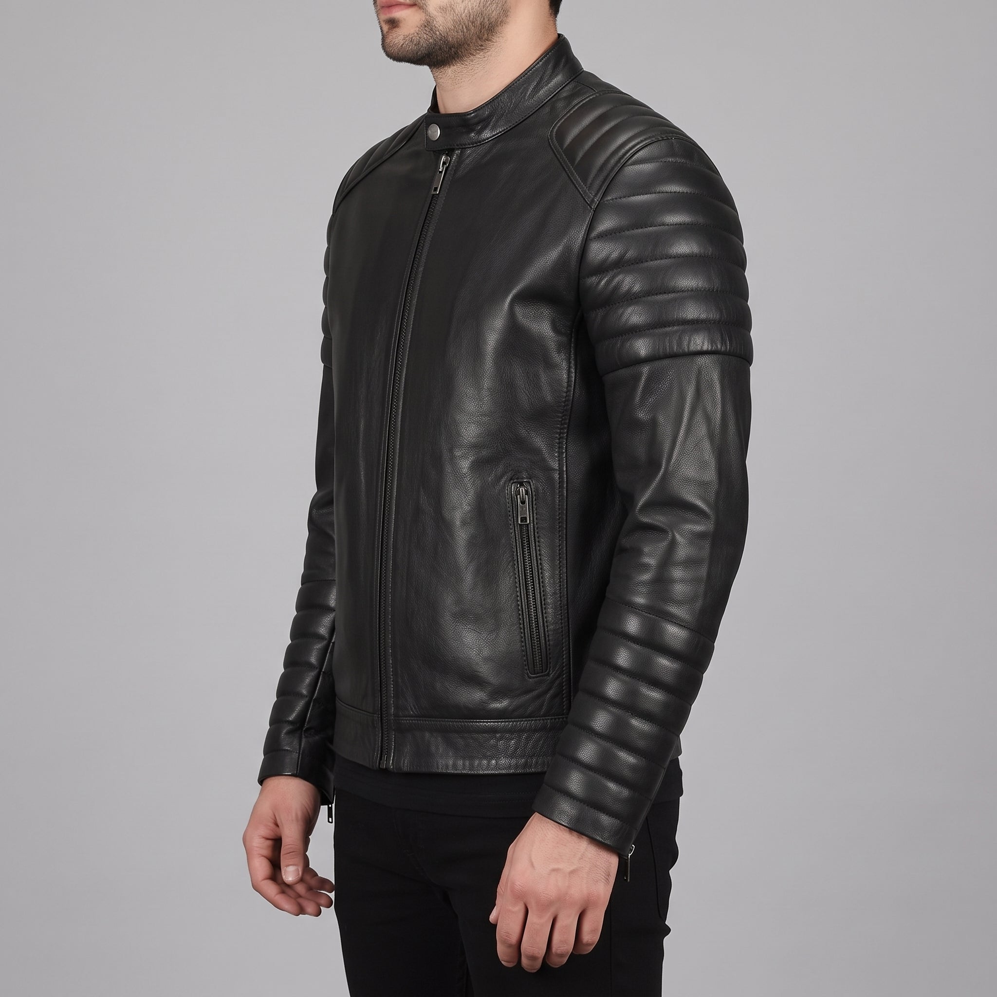 Men's Black Leather Cafe Racer Jacket — Warfield