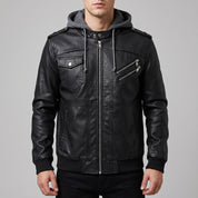 Men's Black Leather Biker Jacket with Hoodie — Chichester