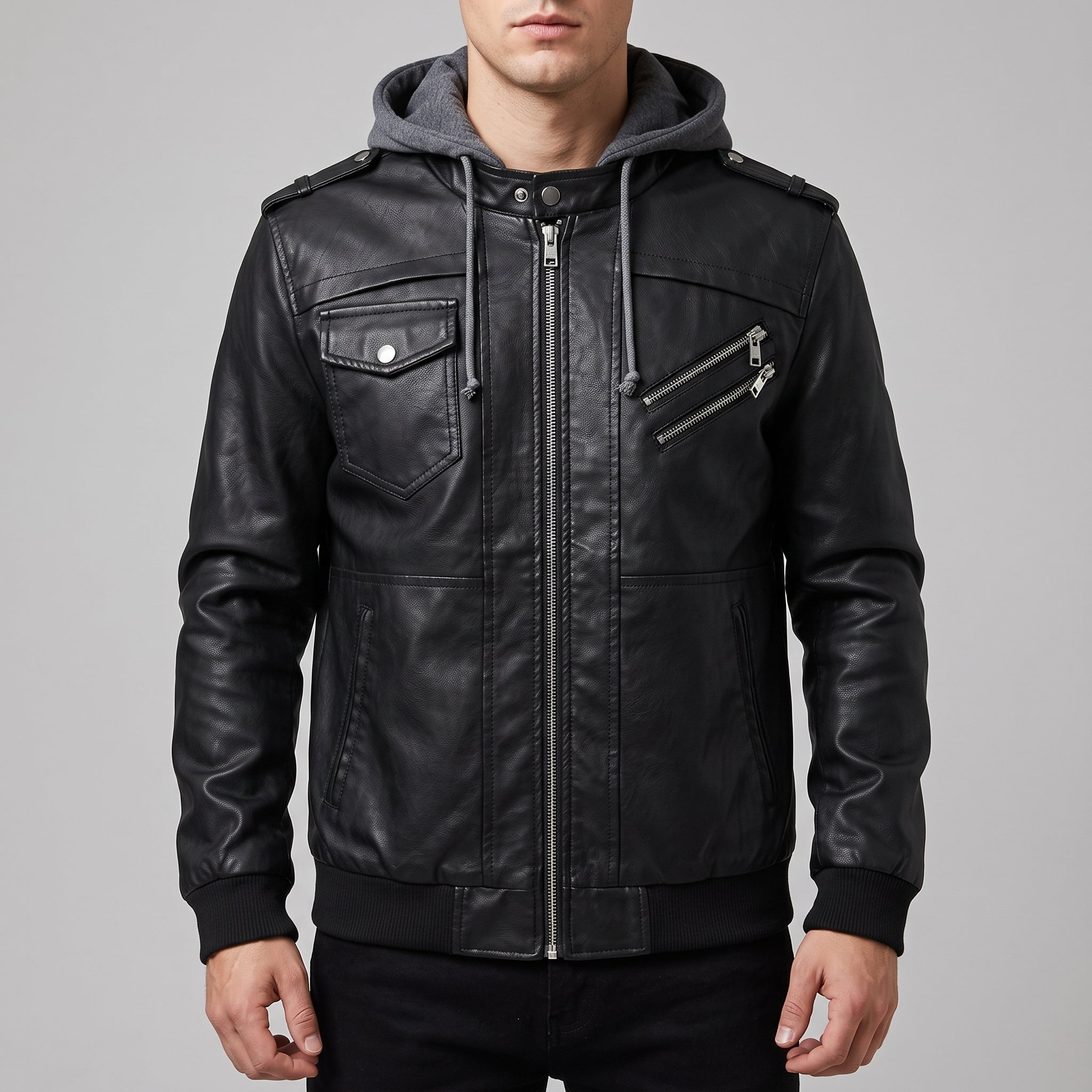 Men's Black Leather Biker Jacket with Hoodie — Chichester