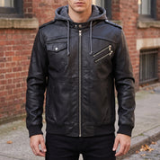 Men's Black Leather Biker Jacket with Hoodie — Chichester