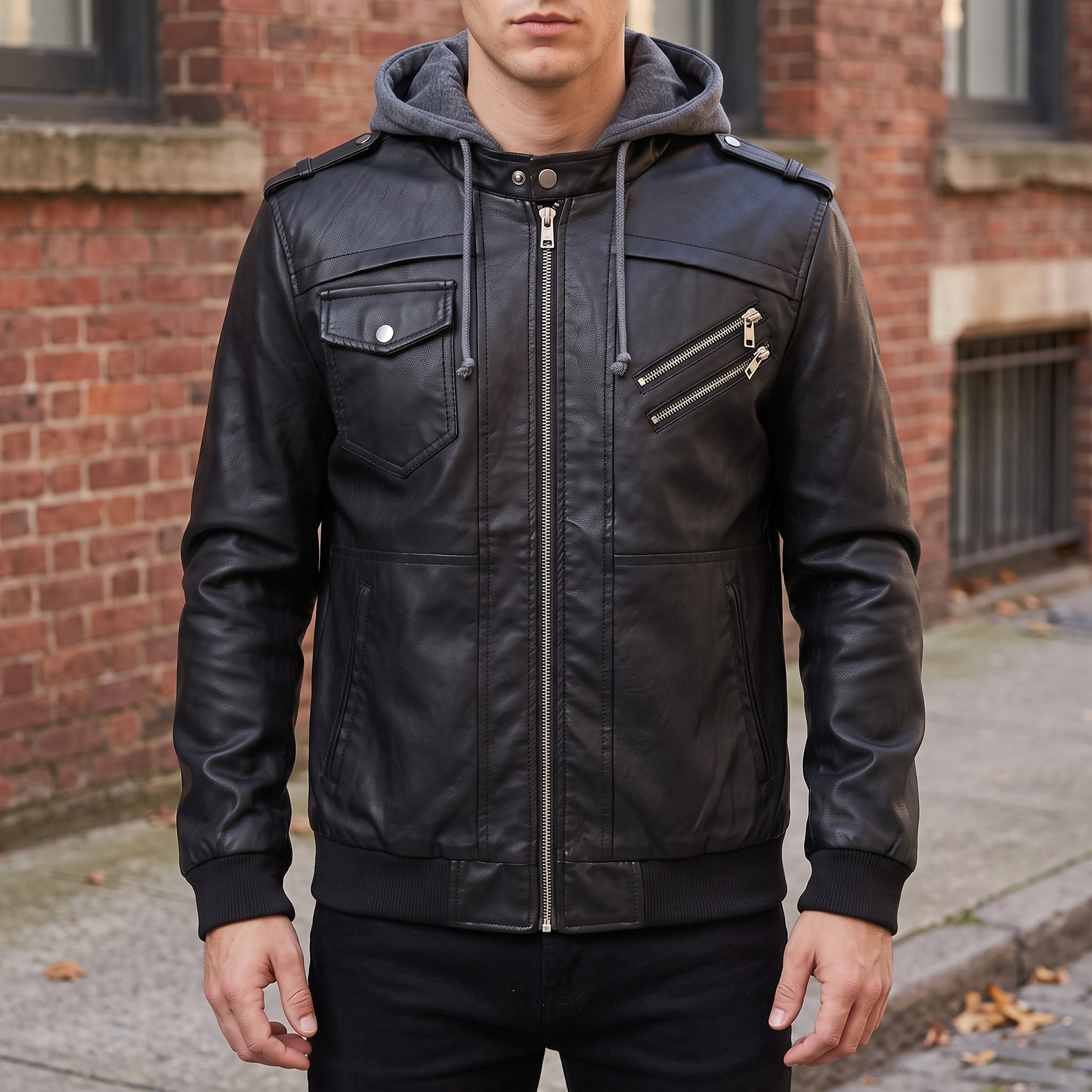 Men's Black Leather Biker Jacket with Hoodie — Chichester