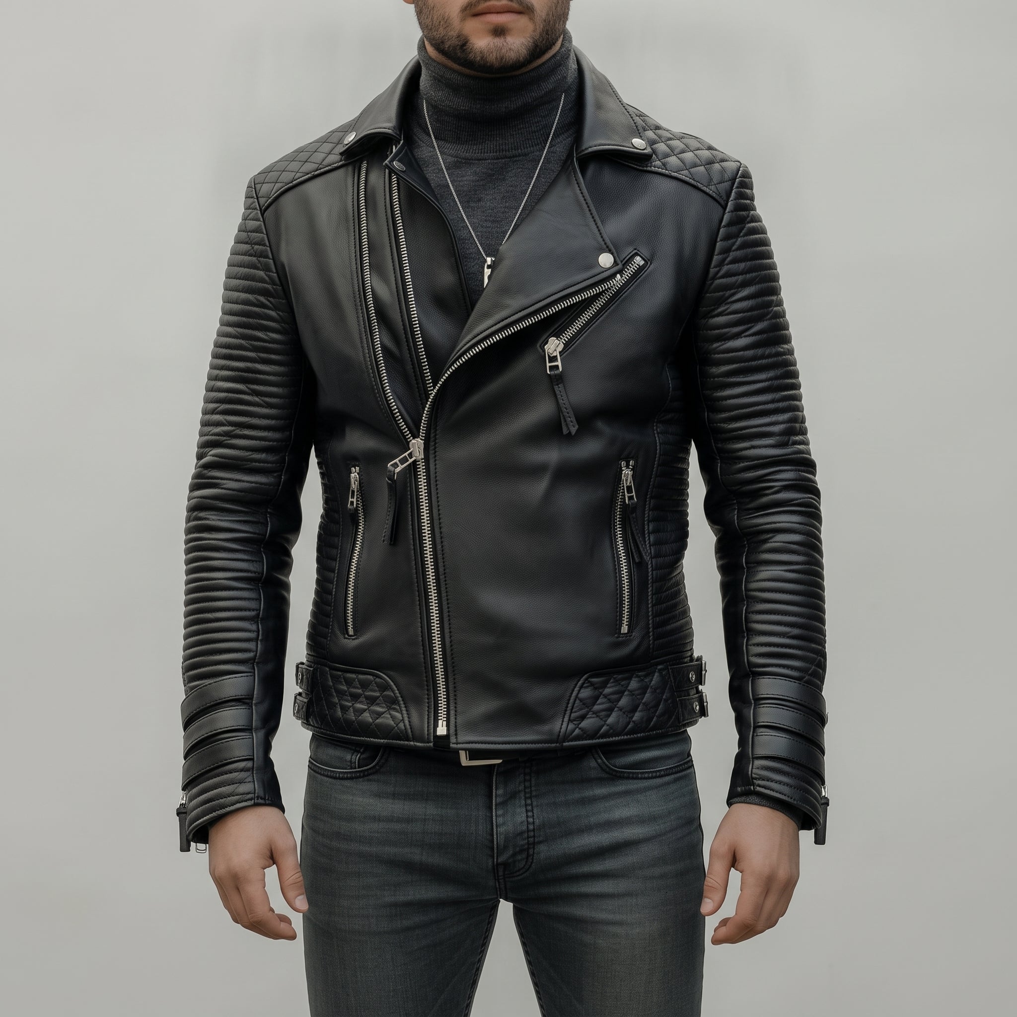Men's Black Leather Biker Jacket — Wren