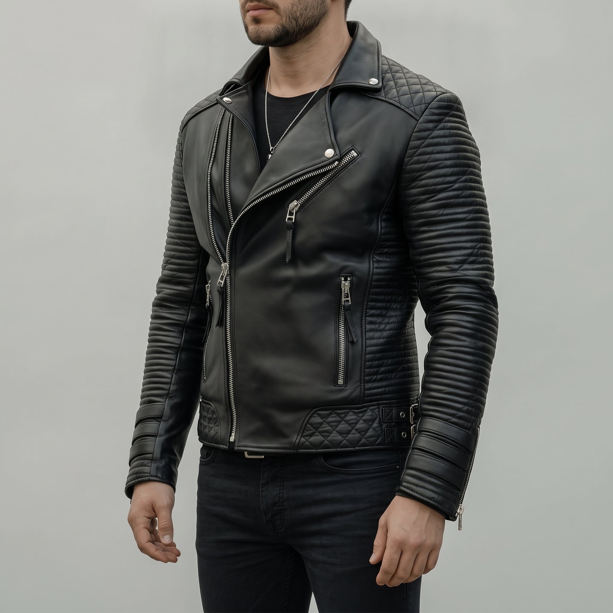 Men's Black Leather Biker Jacket — Wren