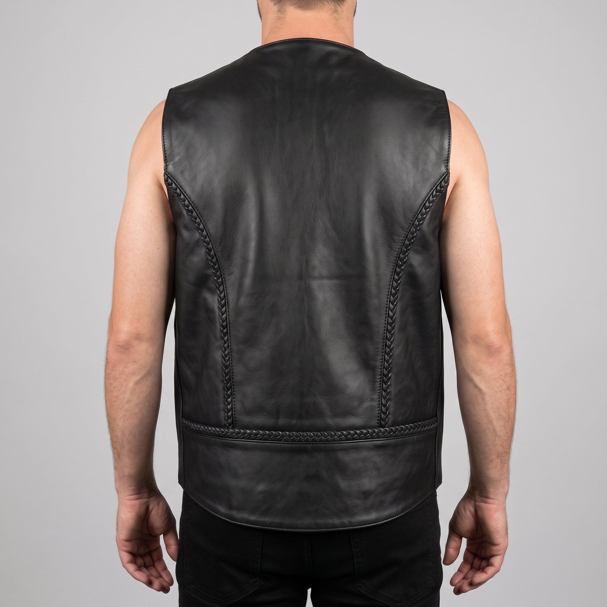 Men's Black Leather Biker Vest — Culworth