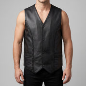 Men's Black Leather Biker Vest — Culworth