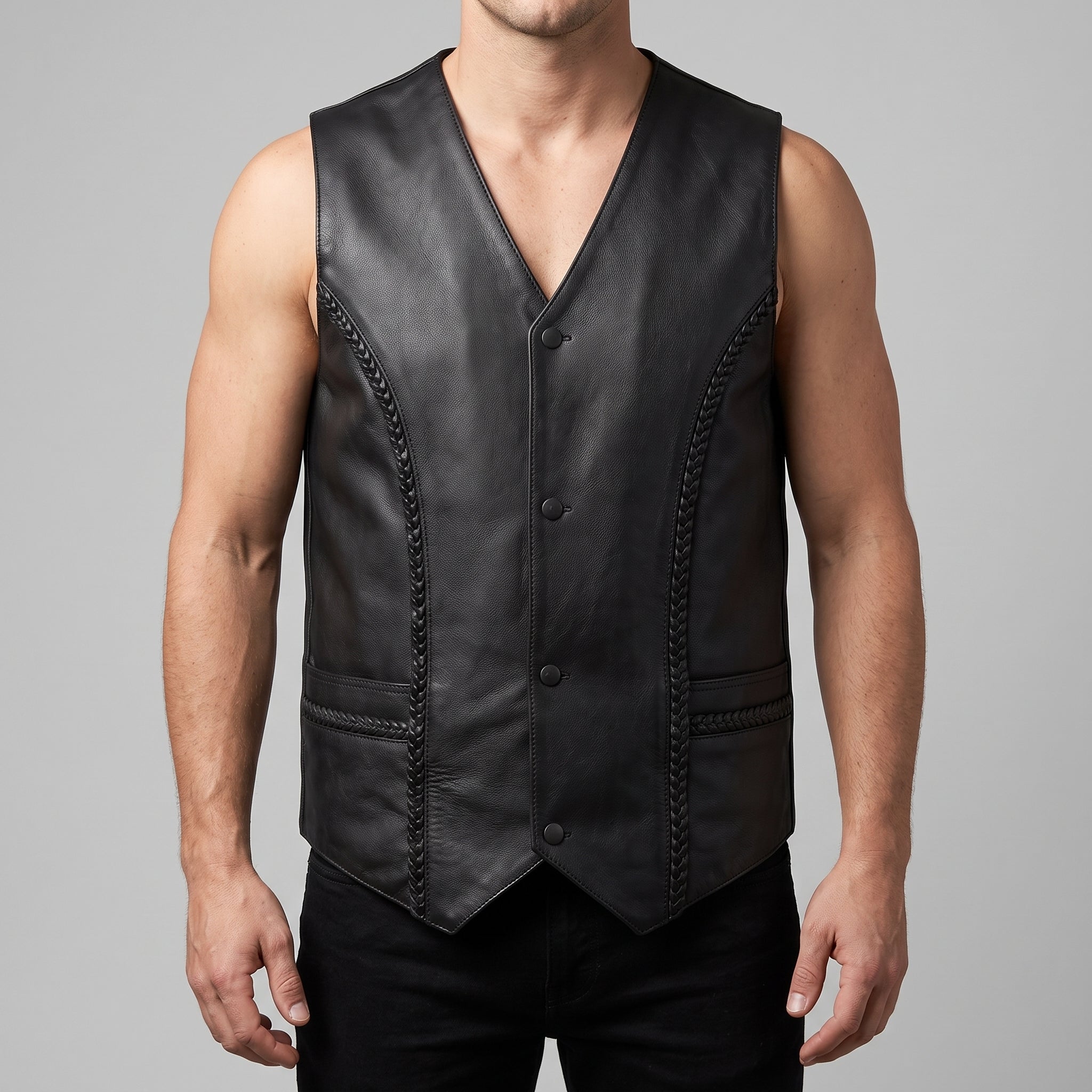 Men's Black Leather Biker Vest — Culworth