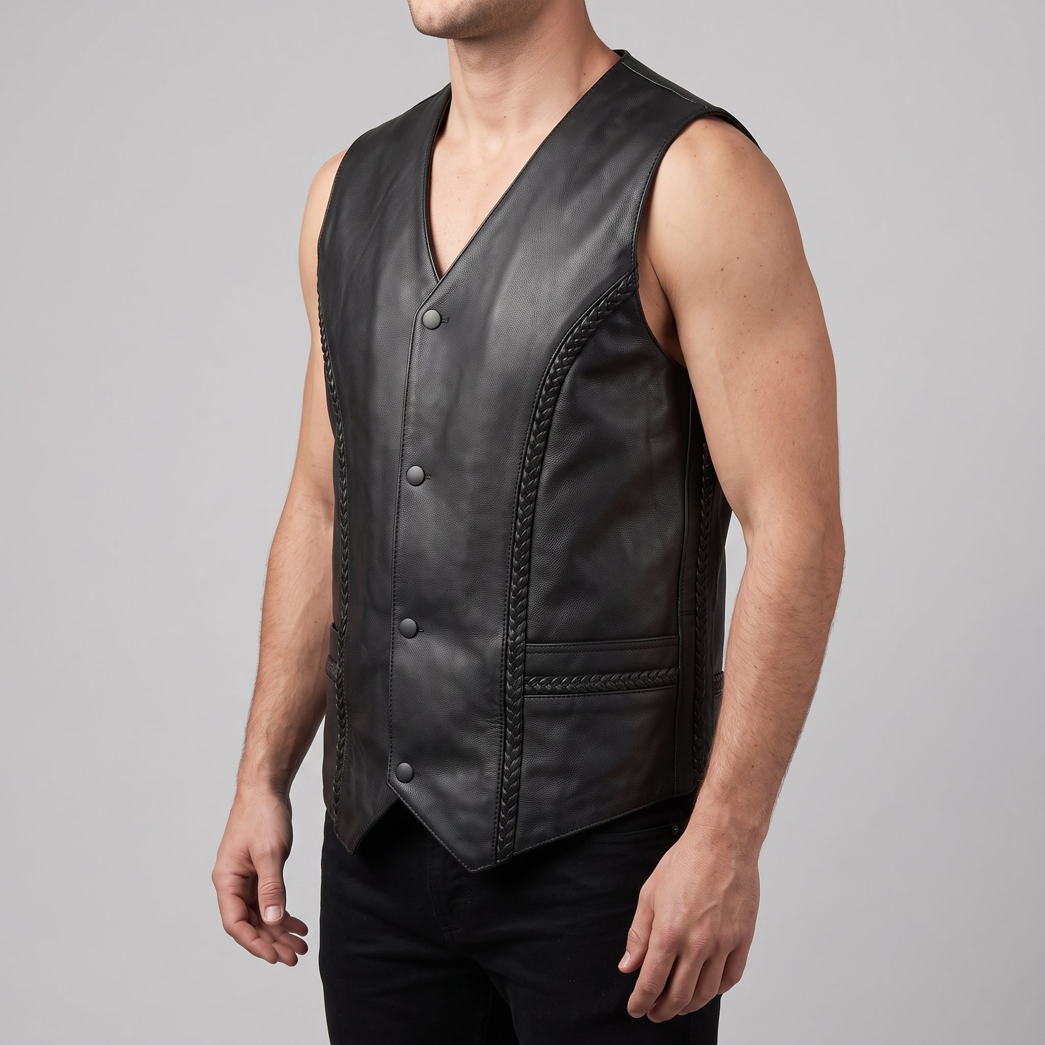 Men's Black Leather Biker Vest — Culworth