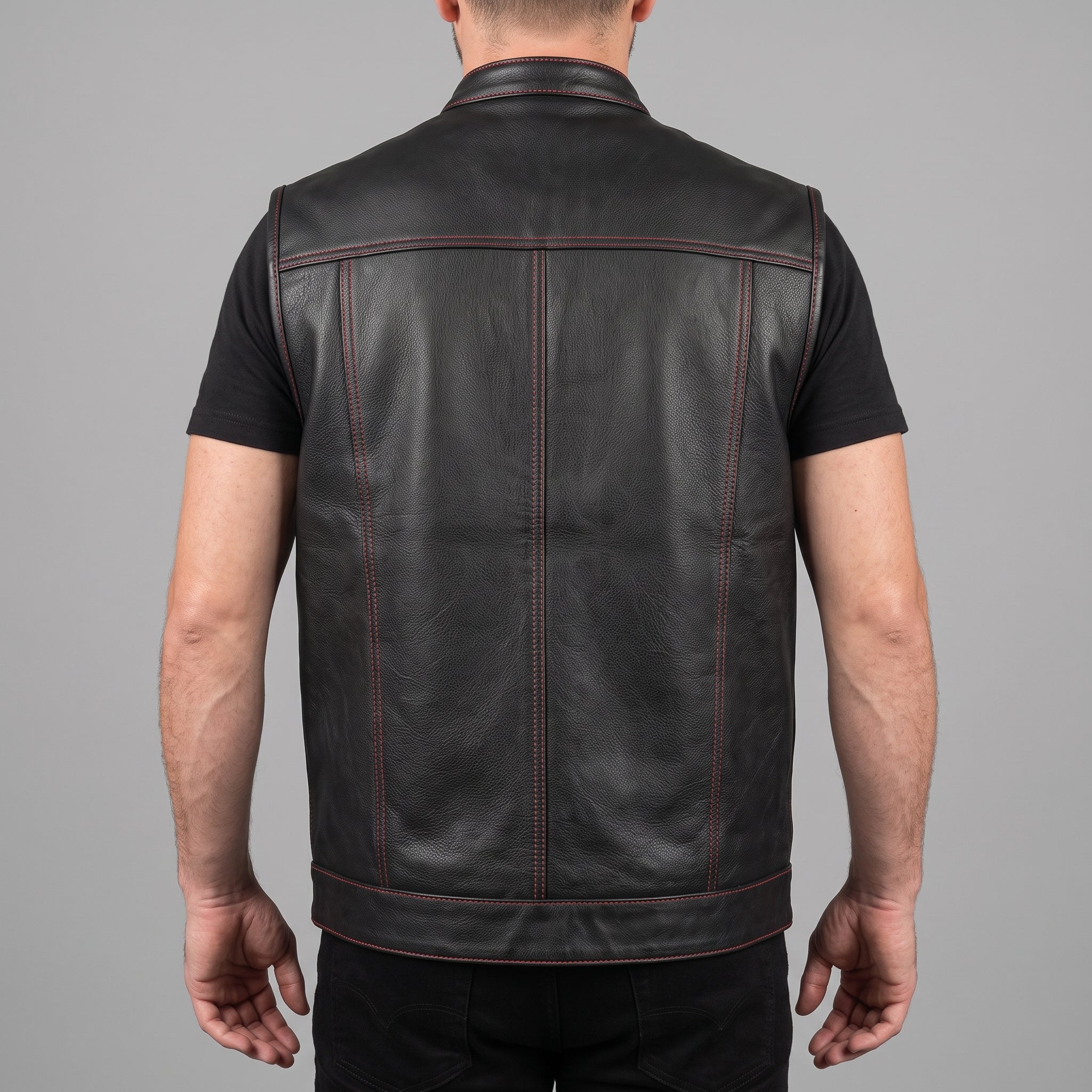 Men's Black Leather Biker Vest — Isham