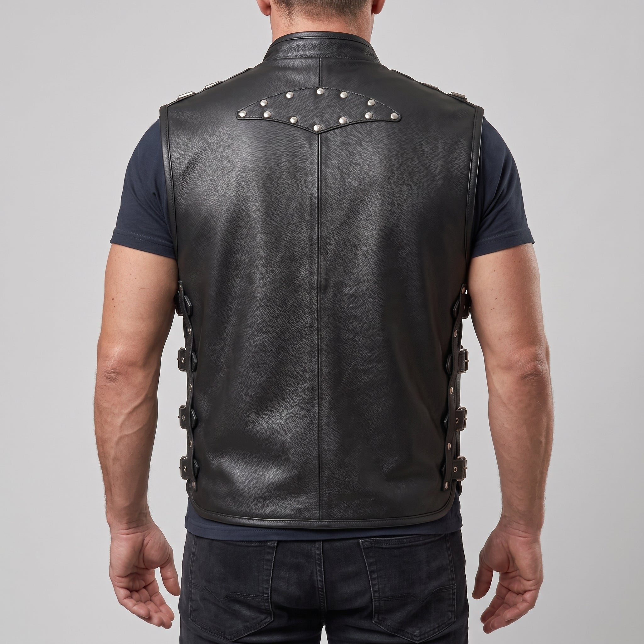 Men's Black Leather Biker Vest — Newman