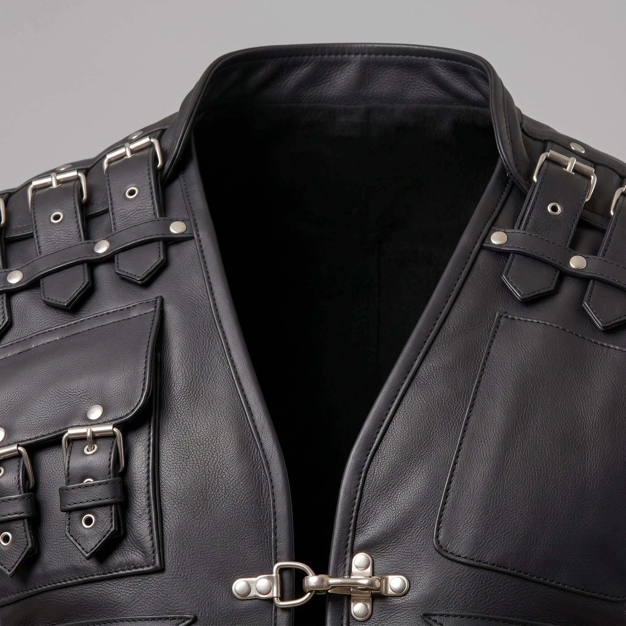 Men's Black Leather Biker Vest — Newman