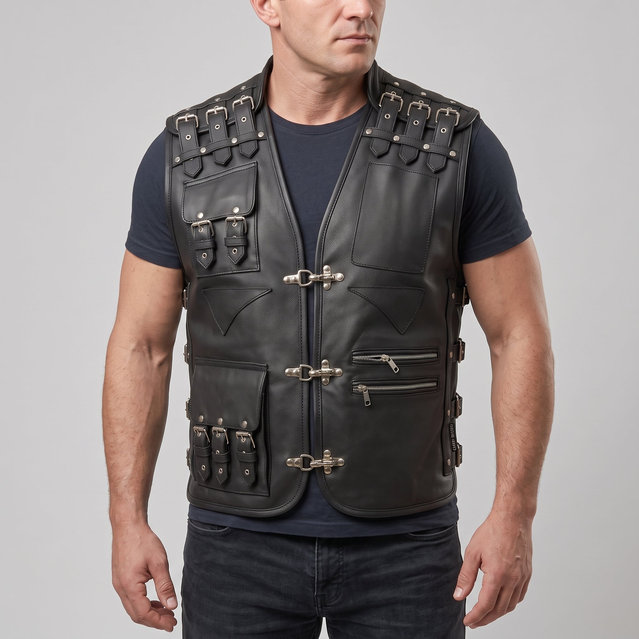 Men's Black Leather Biker Vest — Newman