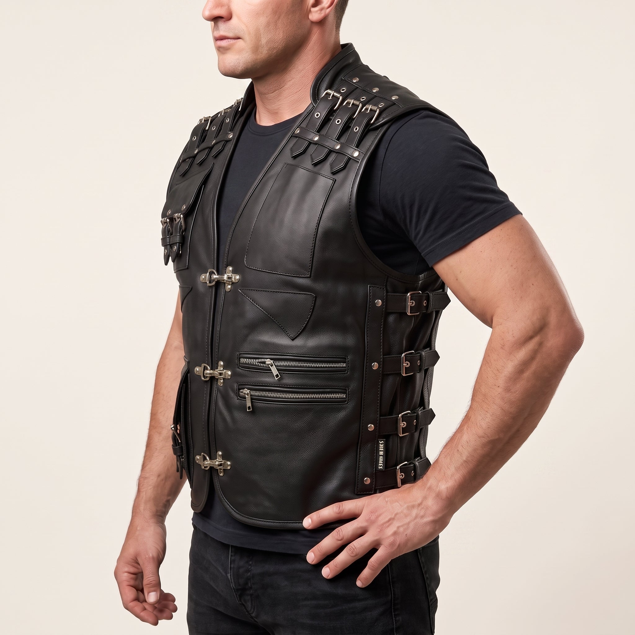 Men's Black Leather Biker Vest — Newman