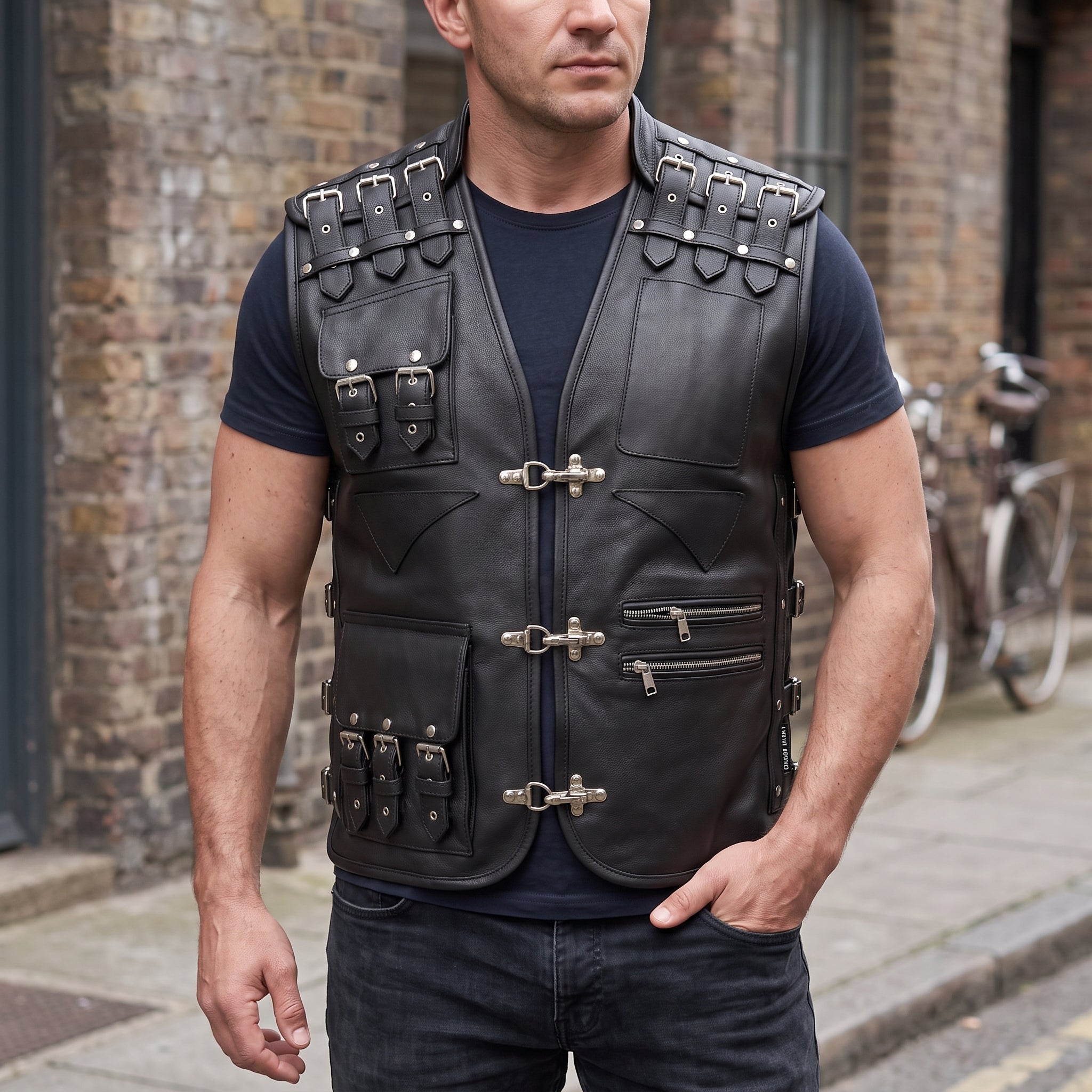 Men's Black Leather Biker Vest — Newman