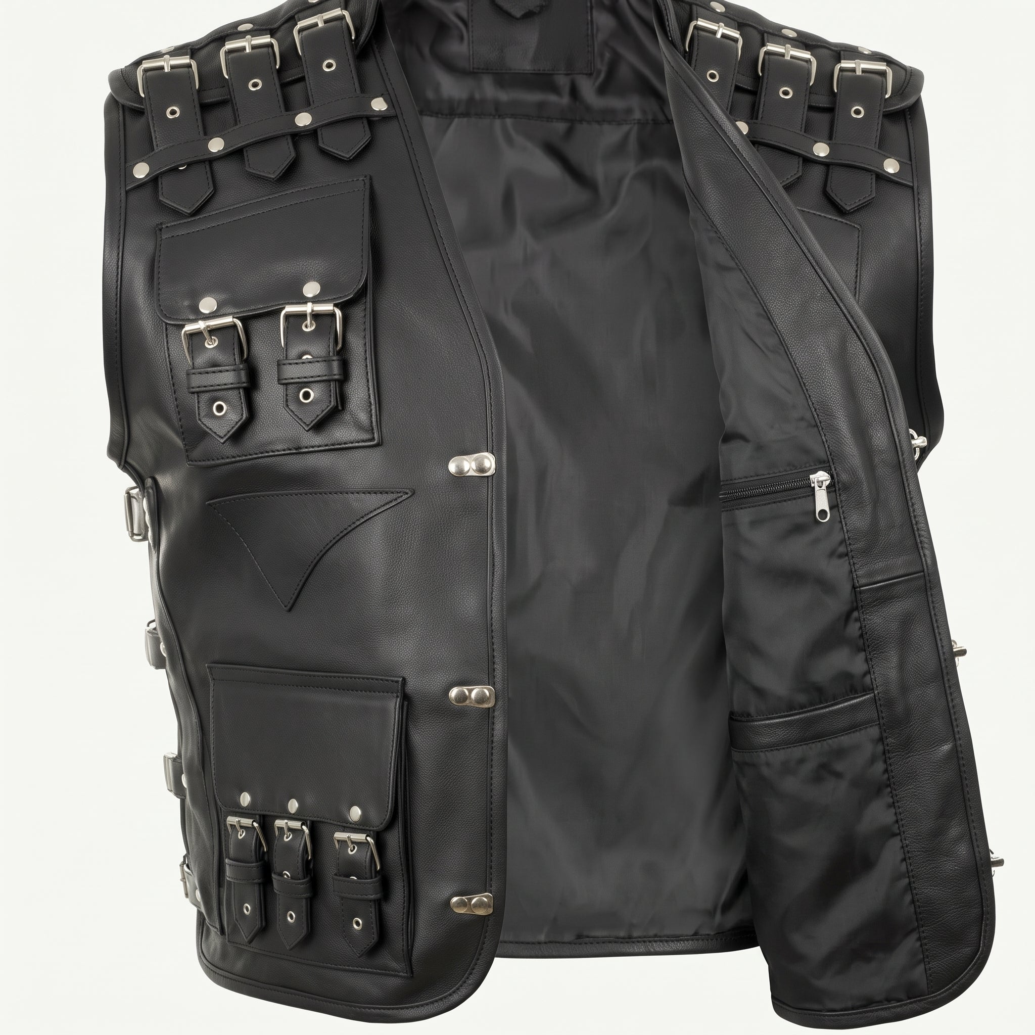 Men's Black Leather Biker Vest — Newman